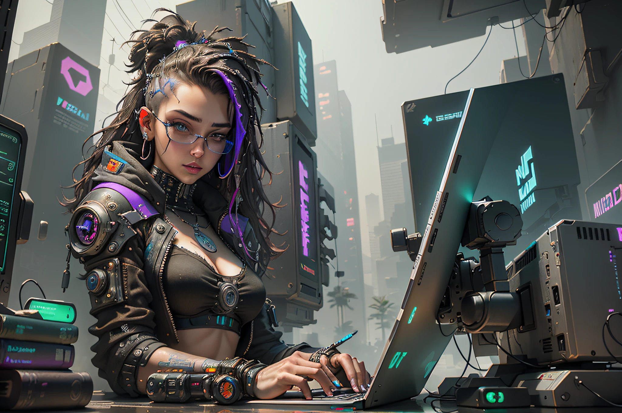 ((Best quality)), ((masterpiece)), (highly detailed:1.3), 3D, beautiful (cyberpunk:1.3) hacker woman with thick voluminous hair operating a computer terminal