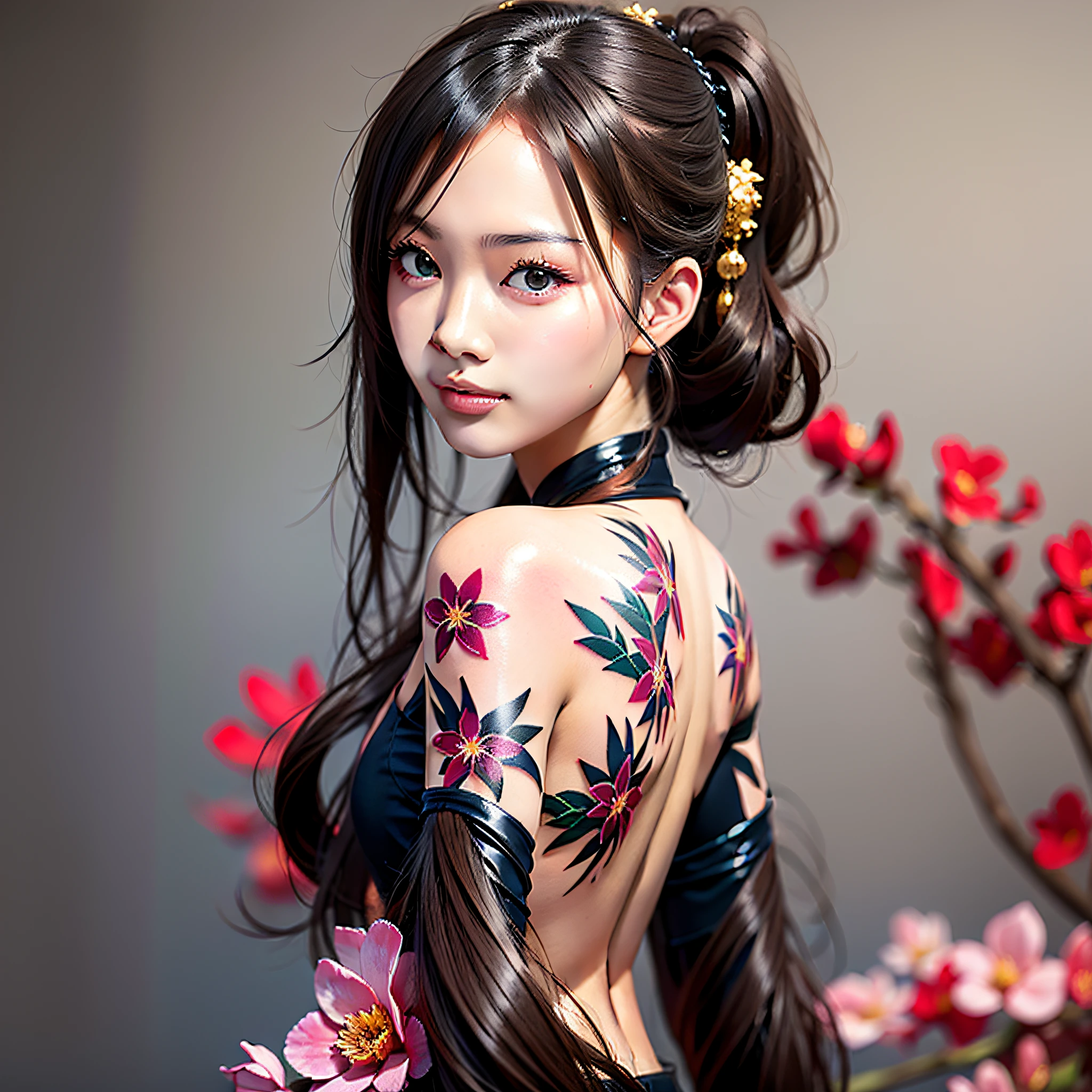 A Chinese girl, 18 years old (back orchid tattoo 1.5), (full body picture 1.2), (open back 1.1) beautiful eyes, real face, real skin, realistic face, realistic skin, detailed eyes, detailed facial features, detailed clothing features, (fashion hairstyle: 1.2) dynamic pose, looking at the audience, simple background, smile, detailed face, double eyelids,