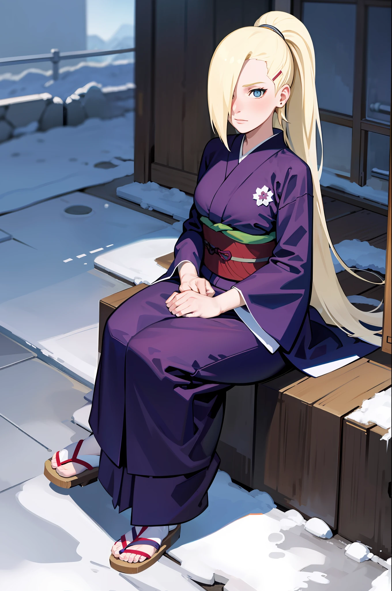 yamanaka ino, kimono, snowing, sitting, 1 girl, solo, masterpiece,