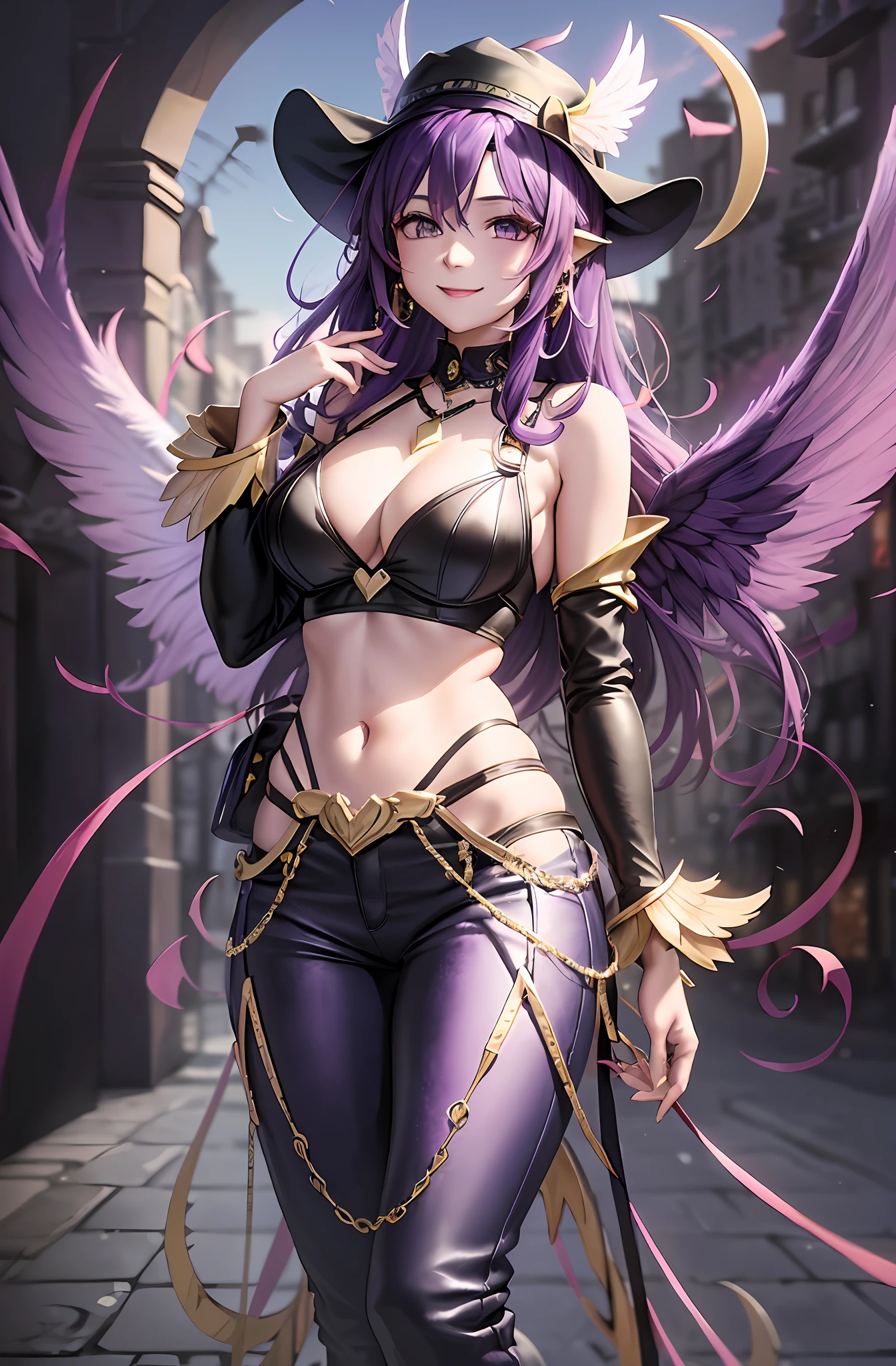 Longhair. Smile, purple hair. Earring. Divine wings on the back. Long pants. Smile. Crescent moon. Earphone. Navel out. Wings grown on the back. Purple wings. Hat hat. Neon Street.