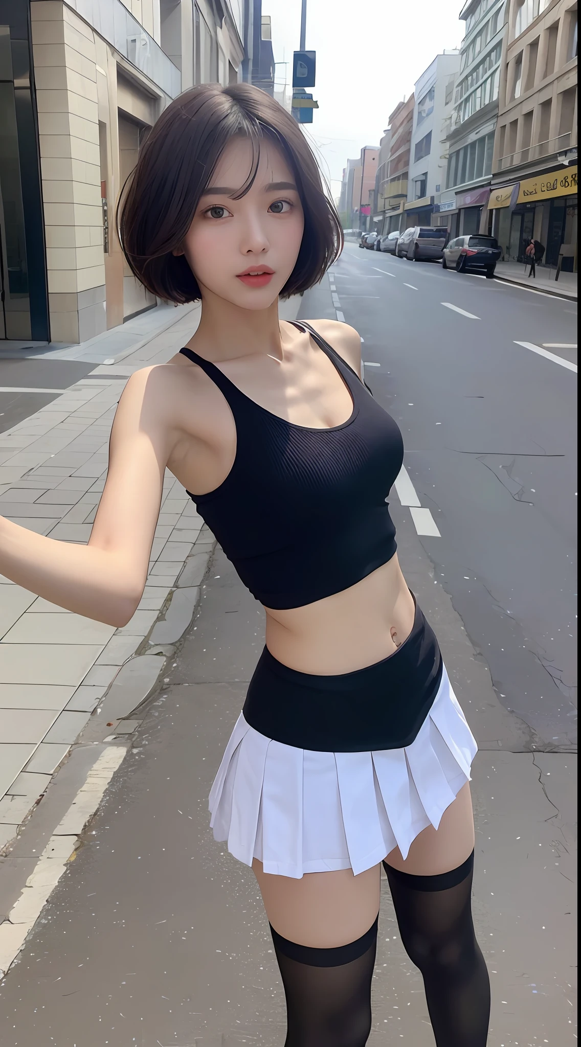 ((Best Quality, 8K, Masterpiece: 1.3)), 1girl, Slim Abs Beauty: 1.3, (Short hairstyle, ), Skirt: 1.1, Super fine face, Fine eyes, Double eyelids, Street view, stockings