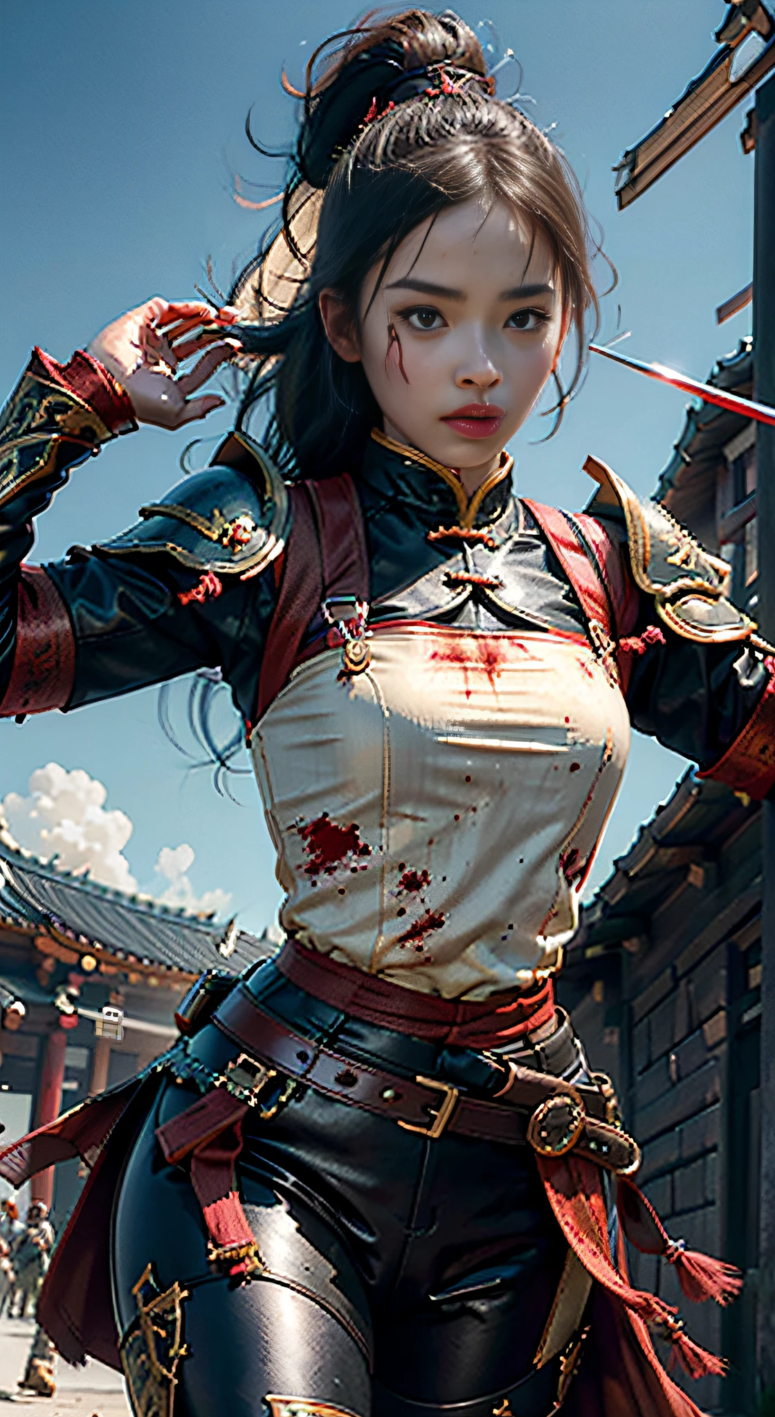 (Positive Focus), (In the Dark: 1), (Best Quality), (Realisticity: 1), Movie Poster, Realistic Skin Texture, Highly Detailed, 8k Wallpaper, Volume Lighting, Dynamic Lighting, A Girl, Black Ponytail Long Hair, Black Metal Armor, Red Belt, Black Armor, Shoulder Armor, Waist Guard, Hand Guard, Veil, Long Sword in front of Body, Ancient Chinese Style, Short Sword at Waist Attacking Posture, Blood Stains, Broken Clothes, Ancient Chinese Battlefield, Ancient Chinese Soldiers Chasing and Killing, Arrows Flying, War, Night, dramatic composition, sword qi surrounding, picture detail, war,