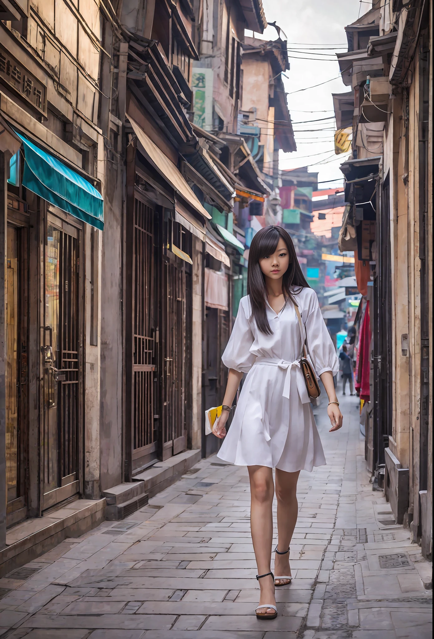 walking down the street being watched，hyperrealism photography，Light and shadow texture，wallpapers，8k，superclear，Beautiful girl in China，Perfect body proportions --auto --s2