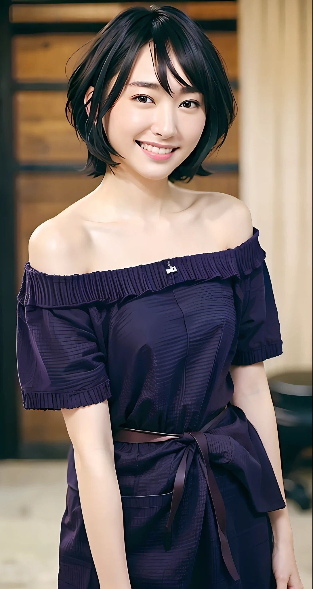 best quality, masterpiece, ultra high res, (photorealistic:1.4), raw photo, 1girl, beautiful Japanese woman, beautiful skin, black hair:1.7, gakki, ((short hair:1.5)), 30 years old, happy laughing:1.2, micro bikini