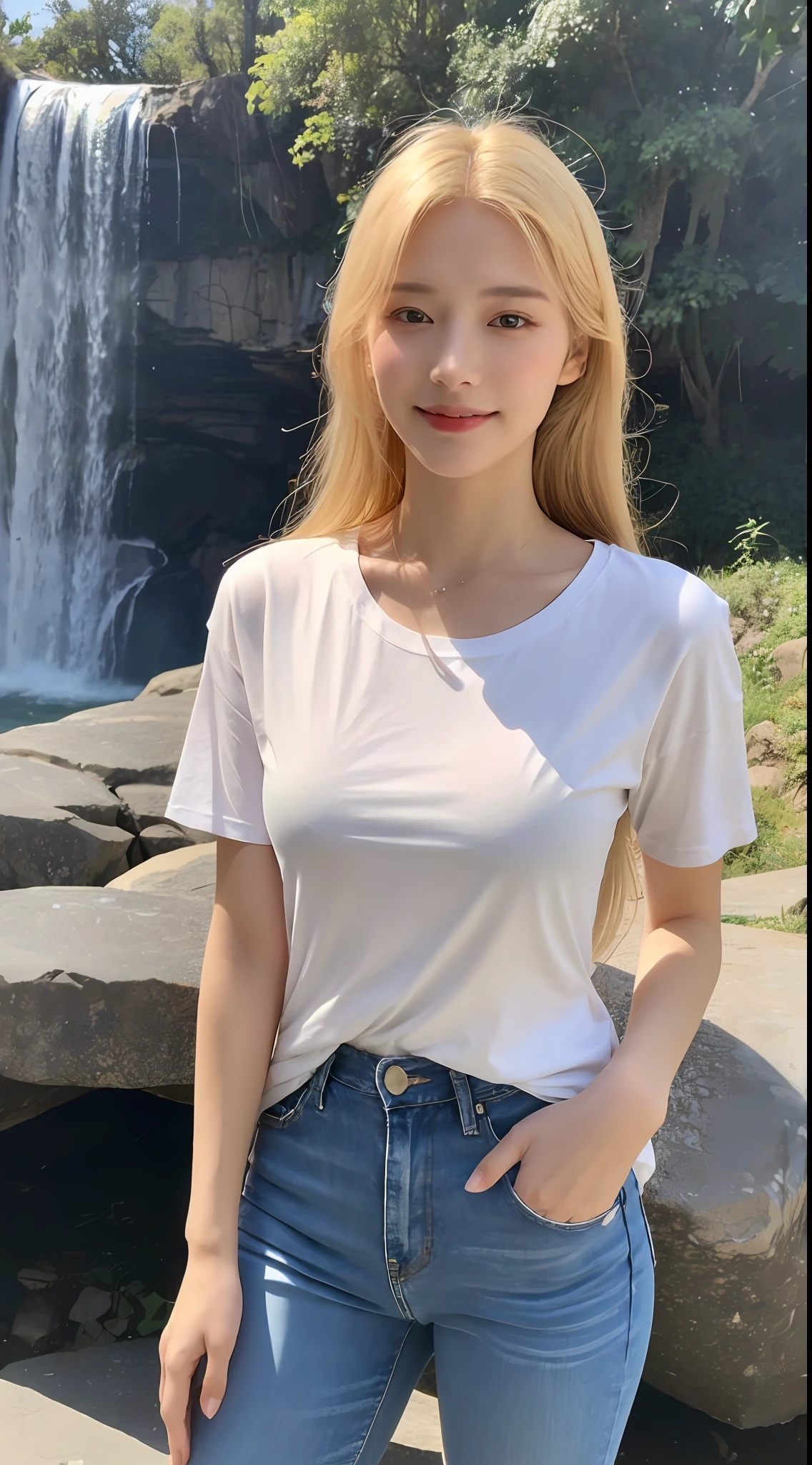 Girl around 20 years old, simple, extremely beautiful and delicate, (light makeup), (yellow hair), sweet smile, delicate and beautiful fair skin, realistic and realistic, delicate and complete facial features, detailed facial portrayal, high nose bridge, red lips, beautiful gentle beautiful girl, flowing smooth hair, extremely delicate hair, soft temperament, face light, surreal, realistic, 8K picture quality, extreme details, realistic details, master works, realistic extreme, body, absolutely beautiful, pure desire, stunning beauty, peerless beauty, Highest image quality, 8k resolution, goddess, smile, fine facial features, hair over the shoulder, brown hair, long thick legs, ((((white t-shirt))), (((blue jeans))), sunshine, facing the camera, well-proportioned and firm figure, gentle eyes, exposed thighs, standing posture, standing next to the waterfall, full body photo