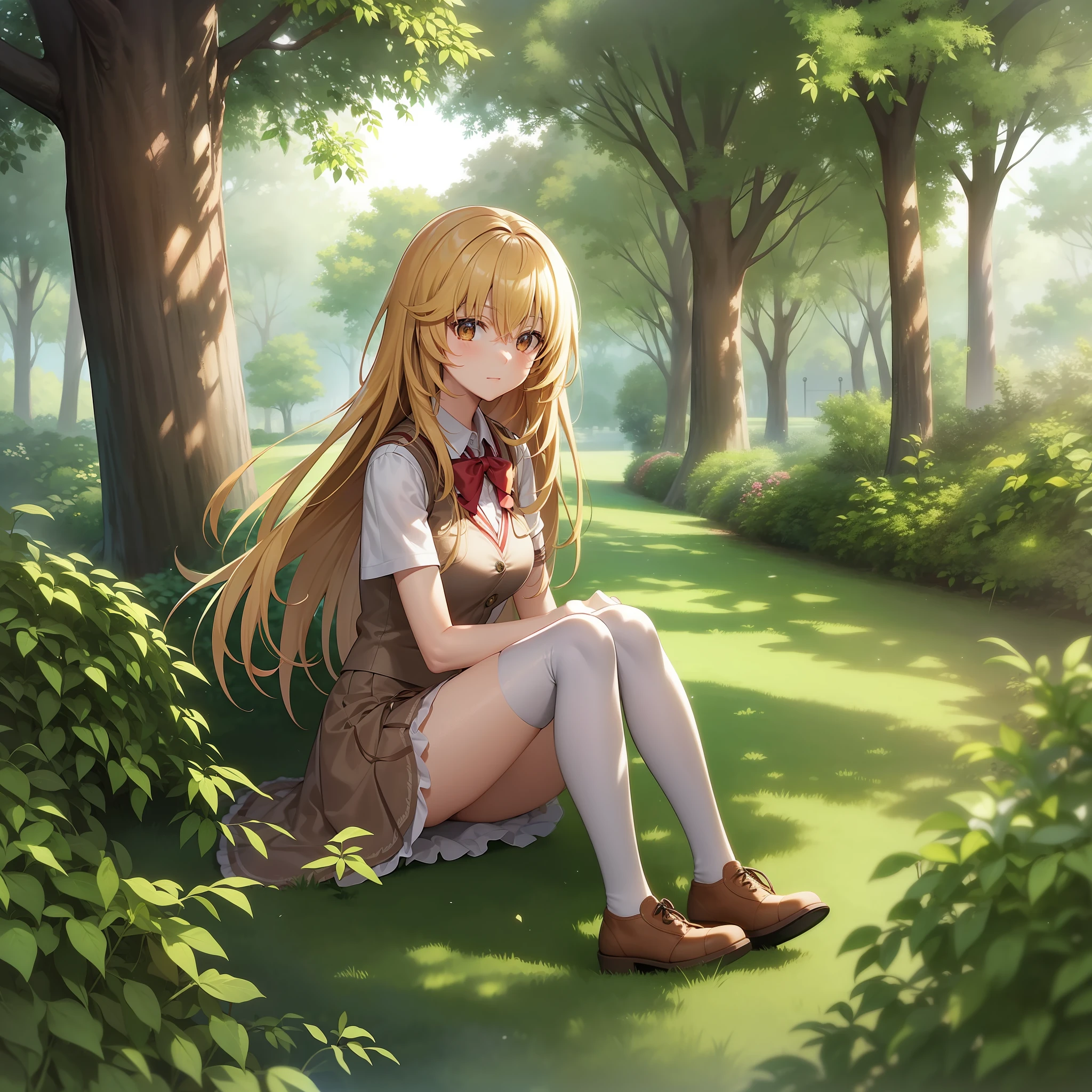 Misaki Shokuhou, sitting in the garden, nice environment, super detailed, high quality
