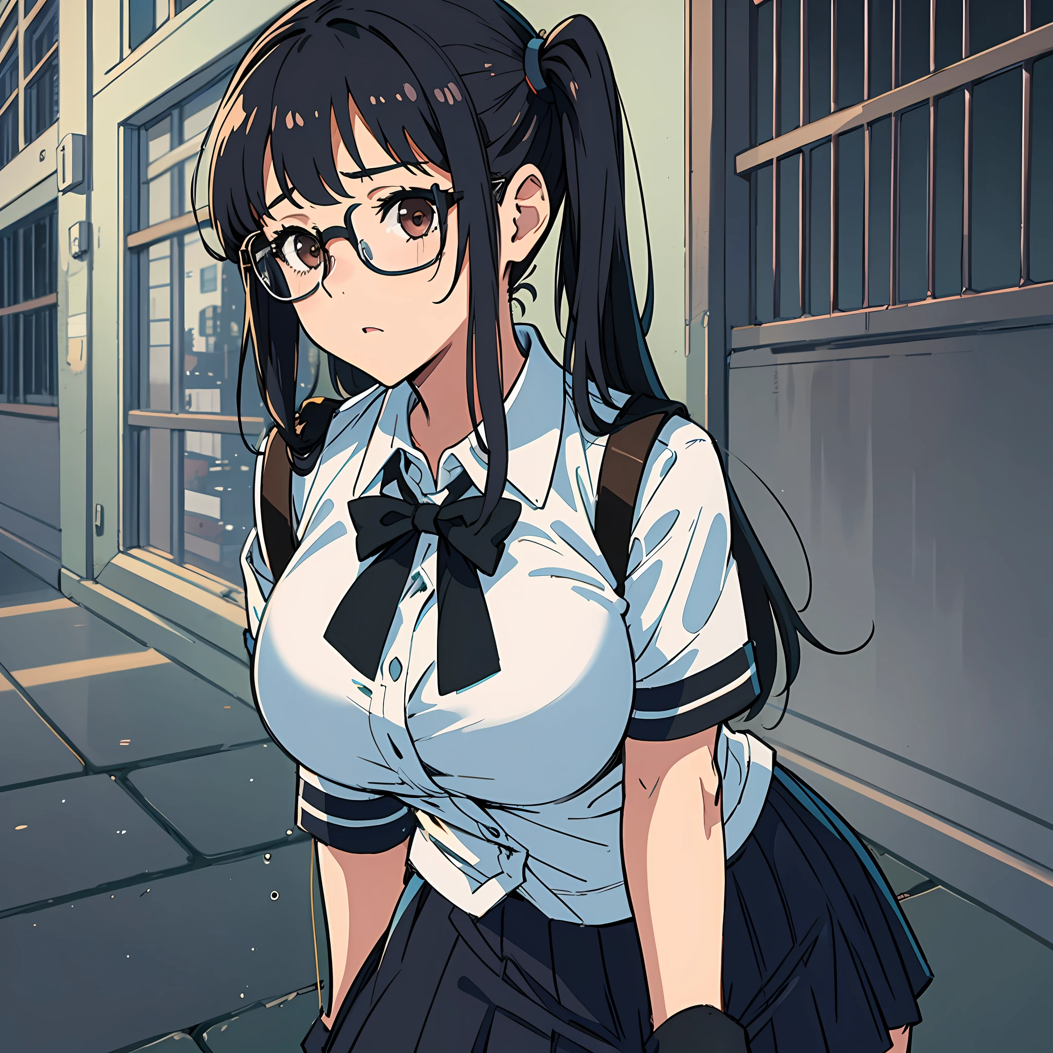 Girl in trouble, 16 years old, school uniform, big breasts, black pigtails, patsun, black hair, brooding, glasses, skirt rolling up to show off crotch, chubby