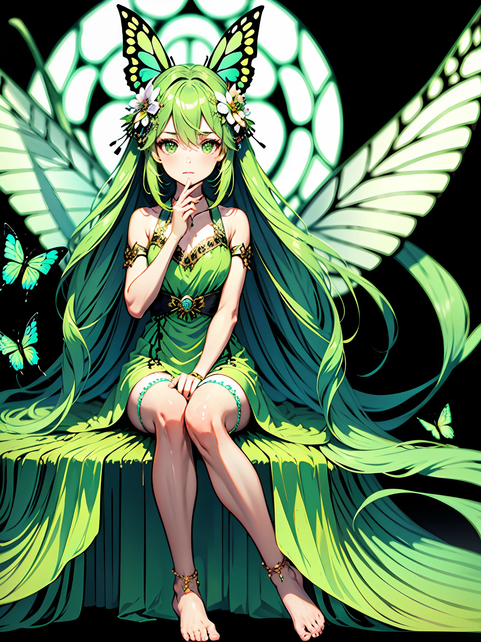 Niji Style Lora, 1girl, long hair, green hair, dress, black background, wings, flower, solo, butterfly, fairy wings, barefoot, hair ornament, white dress, bug, very long hair, hair flower, thighhighs, green dress, fairy, simple background, butterfly wings, green eyes, sitting, looking at viewer, upper body, barefoot sandals, jewelry,specular highlights