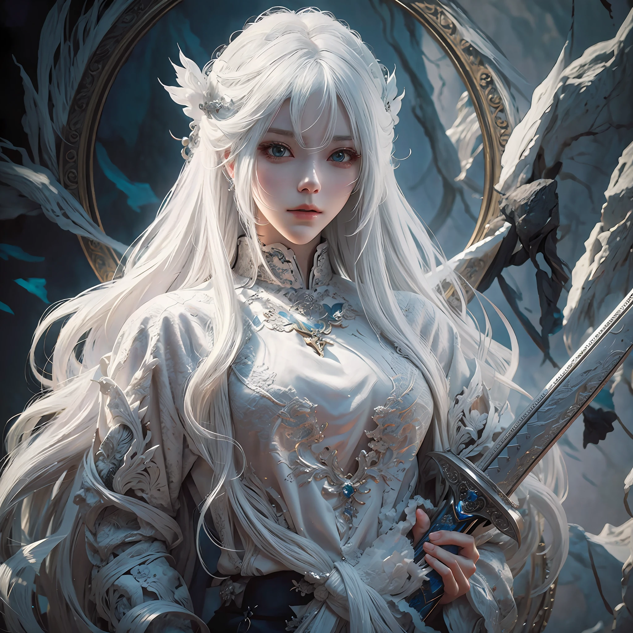 a close up of a person with white hair and a sword, white haired deity, with white long hair, with long white hair, artwork in the style of guweiz, white haired, guweiz, handsome guy in demon slayer art, beautiful character painting, by Yang J, white-haired, guweiz on pixiv artstation, anime character --auto --s2