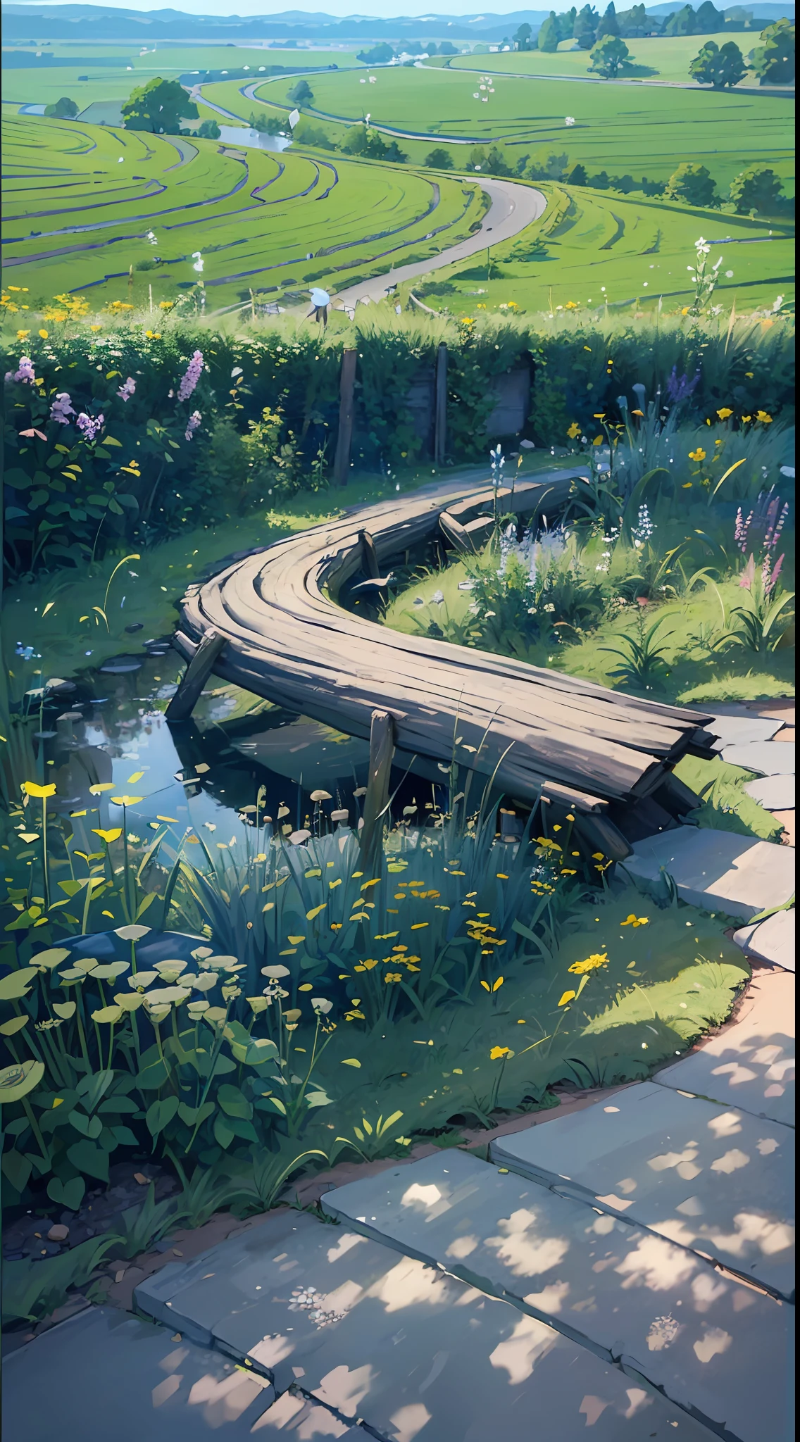 Rural, sunny, winding cobblestone roads (1.4), roadsides overgrown with dandelions (1.2). There is a log cabin in the distance and a pond behind the house. Dandelions flutter into the distance with the wind. Shinkai Makoto style, extreme detail, HD, masterpiece, best quality, (very detailed CG unified 8k wallpaper) --auto --s2