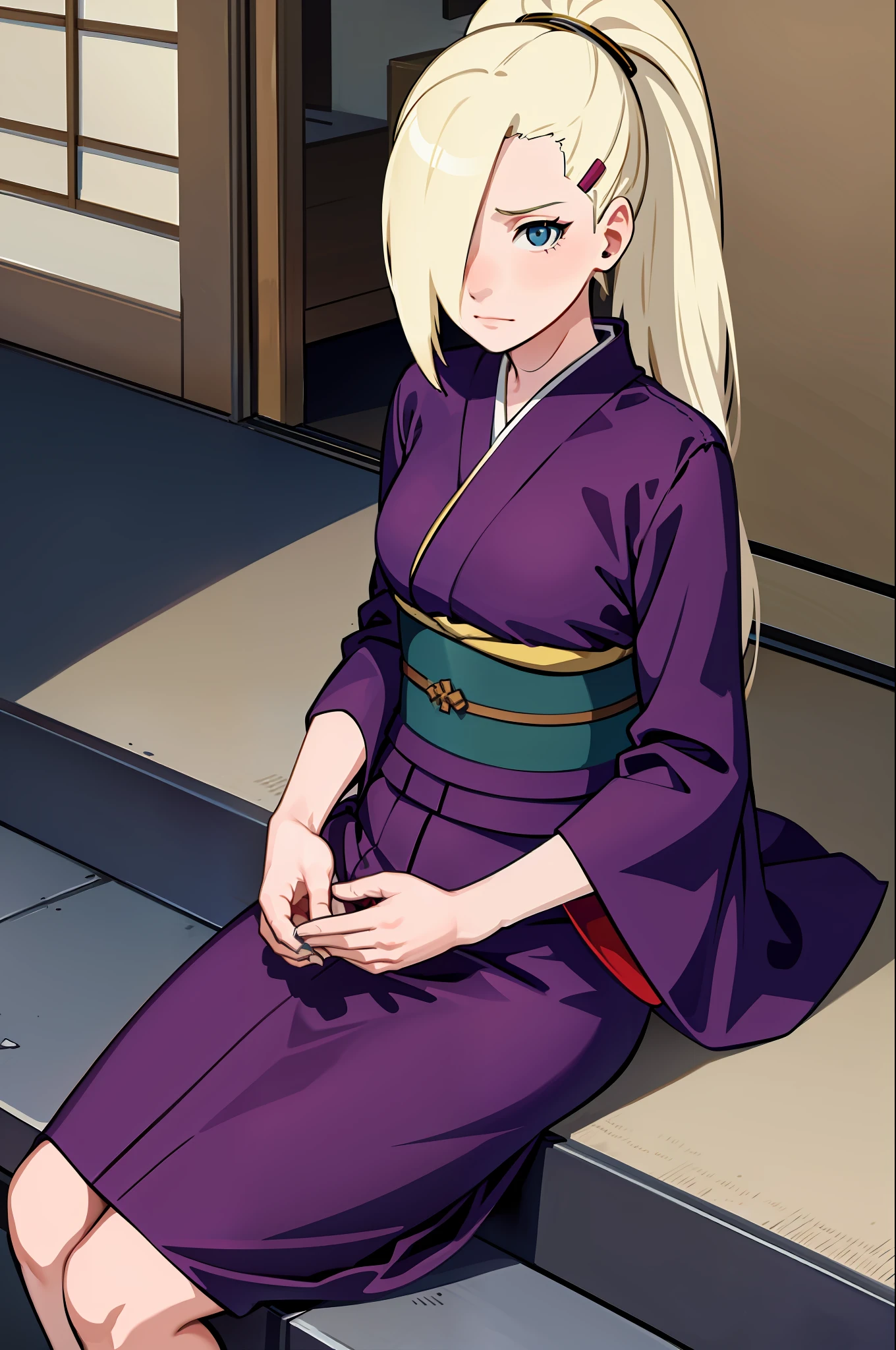 yamanaka ino, kimono, snowing, sitting, 1 girl, solo, masterpiece,