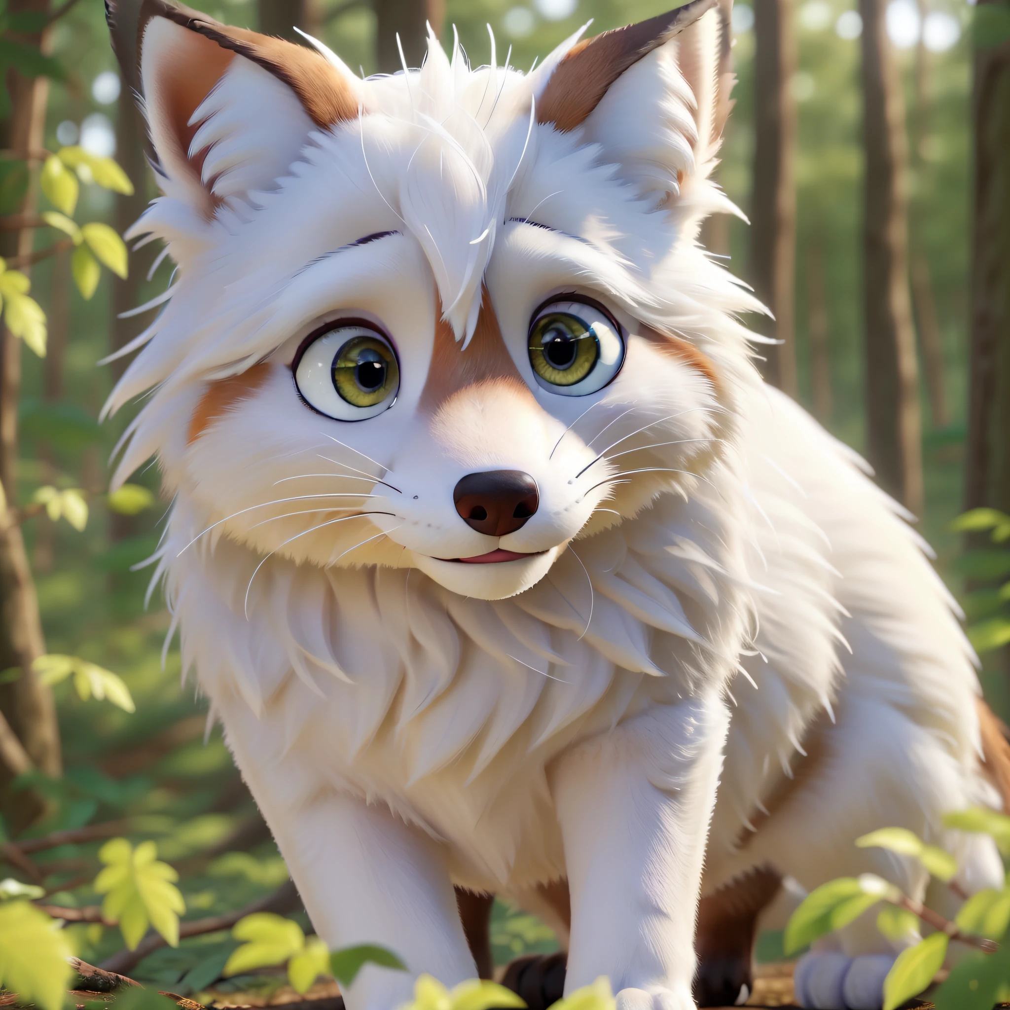 Masterpiece, best quality, close-up of a fox, close-up, background forest, a big pure white tail around itself, coiled there, pure white hair, pure white all over, perfect details, perfect painting, perfect 4 legs, not redundant - auto --s2