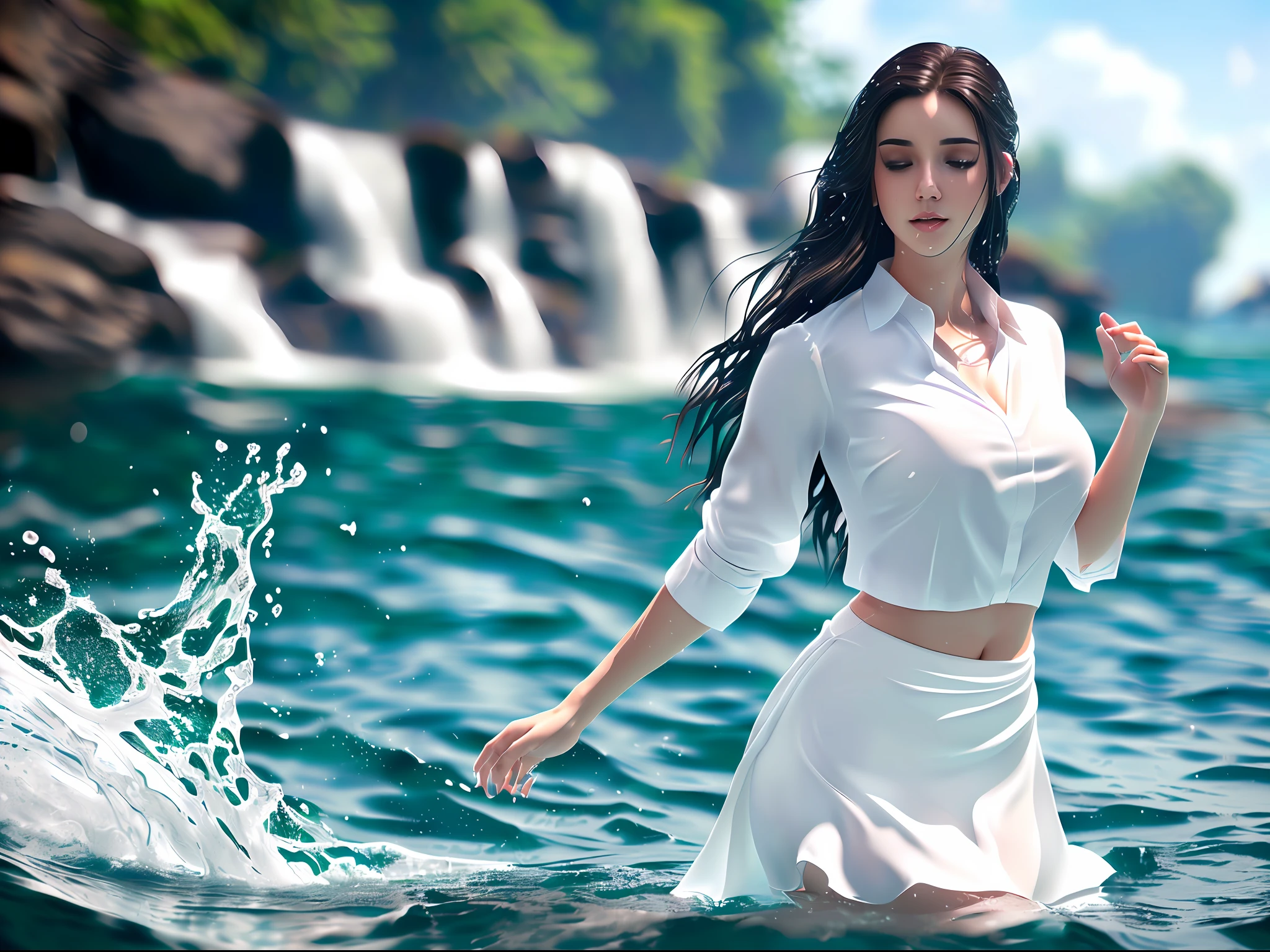 splash photography of a beautiful woman in the water, wearing white blouse and long tight skirt, long hairs, splash photography, breakthrough the water surface, water splashing, highly detailed, photo realistic, unreal engine, octane render, 8k resolution