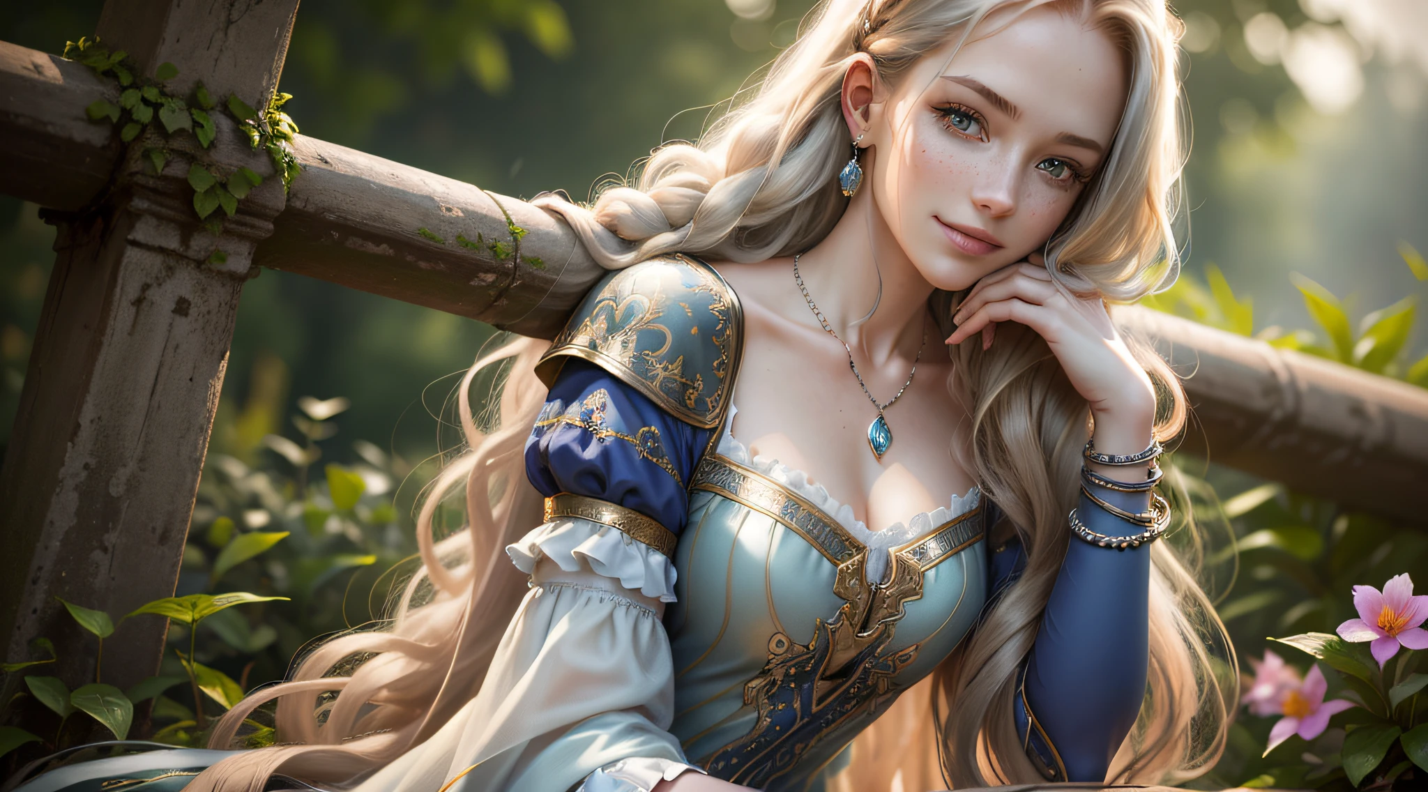 (8k, highest quality), (epic realistic: 1.5), a girl,22 years old,with pretty smile, dynamic posture, erotic face, sexy royal costume,(detailed costumes: 1.2), (detailed eyes: 0.8), (looking at the camera: 1.4), (highest quality), (best shadow), intricate details, cinematic, ((skin: 1.4)),in a royal garden, sitting on a bench, (long flowing ginger hair: 1.3), dark studio, (HDR: 1.5), detailed and muted colors, freckles, silver necklace, silver earring, long flowing wavy hair, hair down, hair pulled back --auto --s2