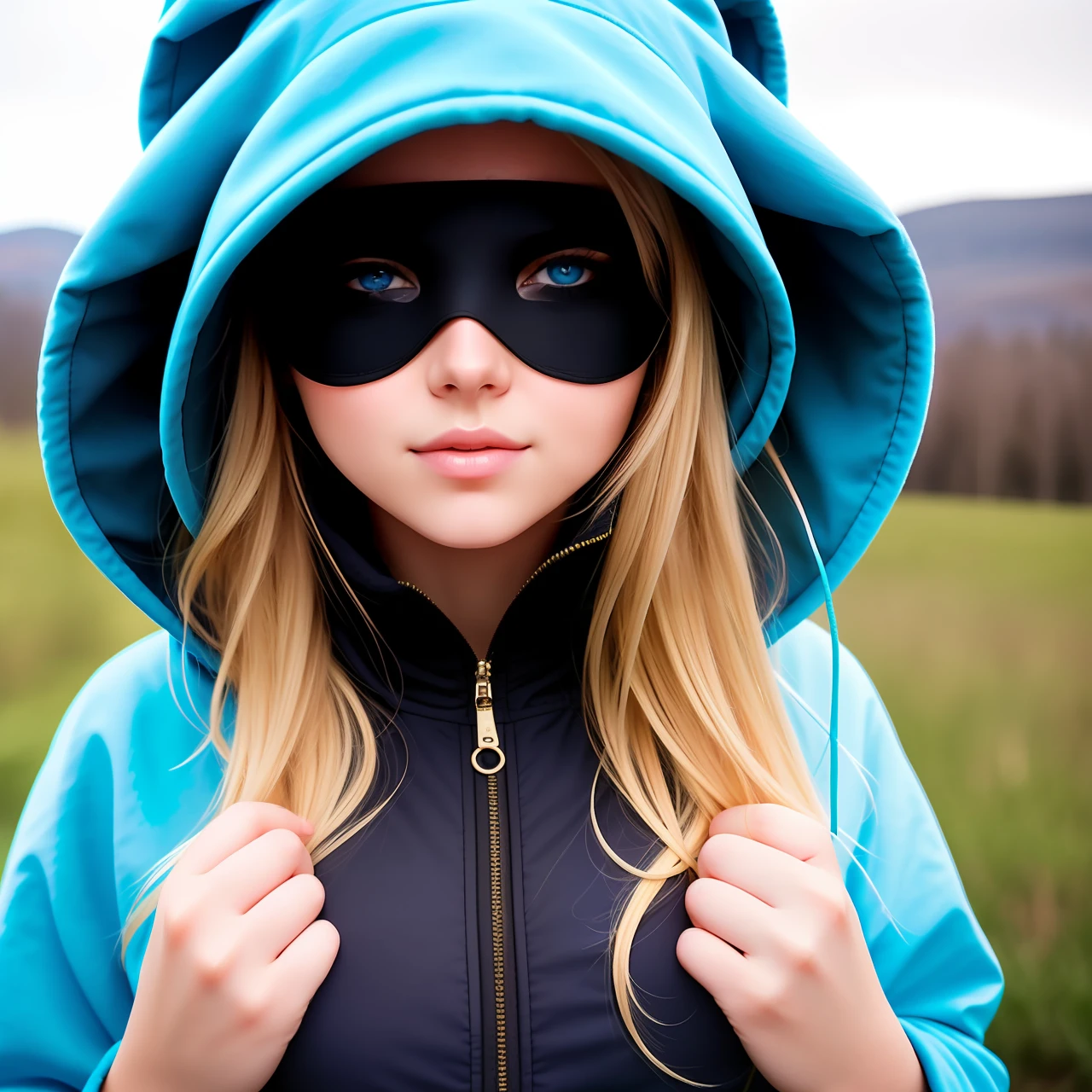 The girl wears a hood with big breasts, four hands blonde and blue eyes, compassion for all living beings, and an eye patch