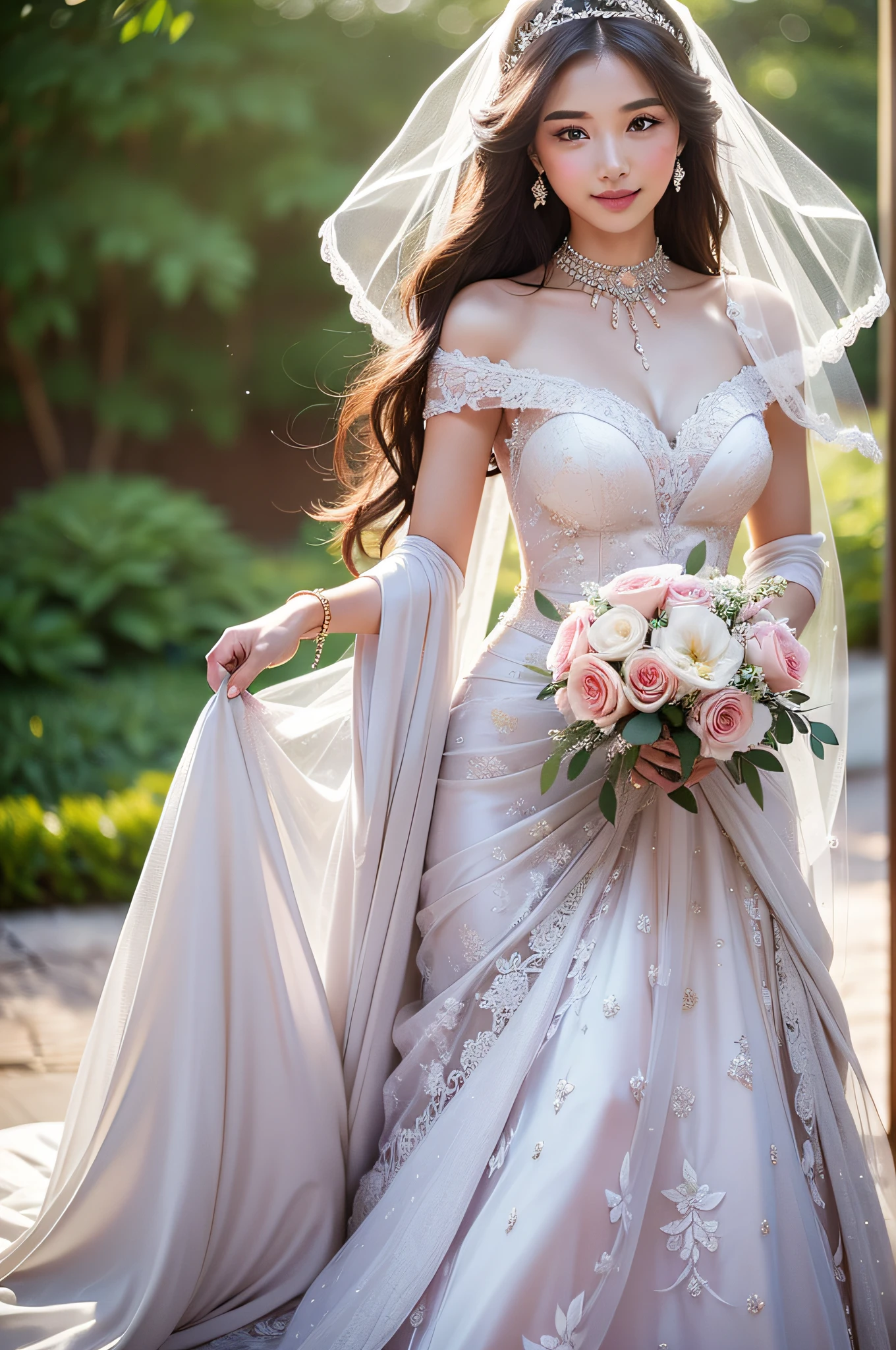 Eye-level view, Full body, Young and beautiful woman with a perfect figure, radiant skin, expressive eyes, high cheekbones, a delicate nose, a beaming smile, and flowing hair, Wearing a detailed lace wedding dress, Be in a sea of flowers, Shot in an advertisement styled, romantic wedding photography style, Soft natural light, Shot on a Canon AE-1 film camera with a 50mm lens at f/1.8 for a shallow depth of field, Pastel color palette, Extremely detailed,8k--ar 3:4--q2--s750