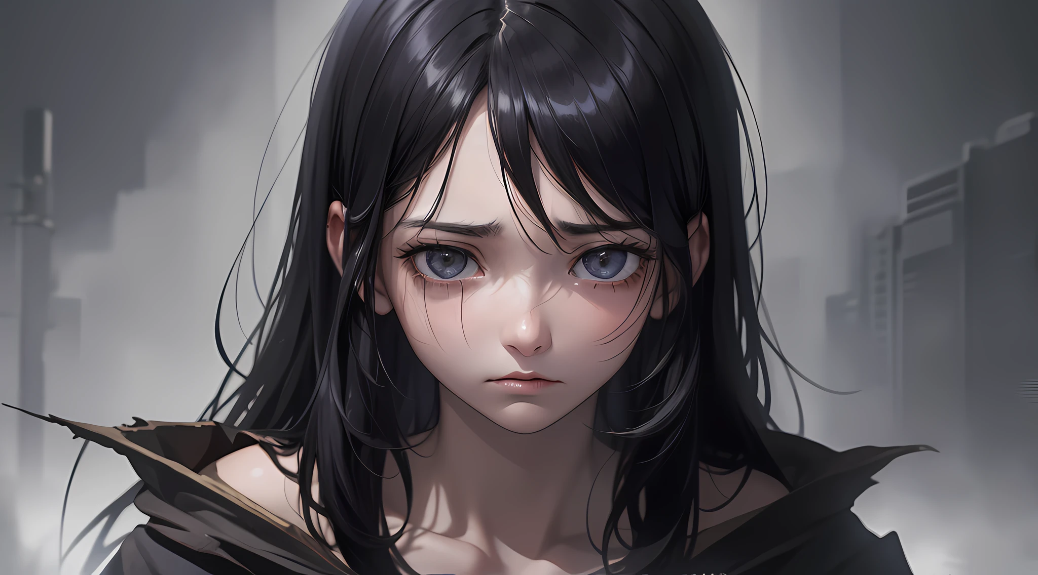 (best quality, masterpiece), ultra detailed screen with 8k resolution, a poor girl alone, black hair, torn and battered clothes, sad and hopeless eyes, dark and gloomy background, cold and melancholic atmosphere, nostalgia.