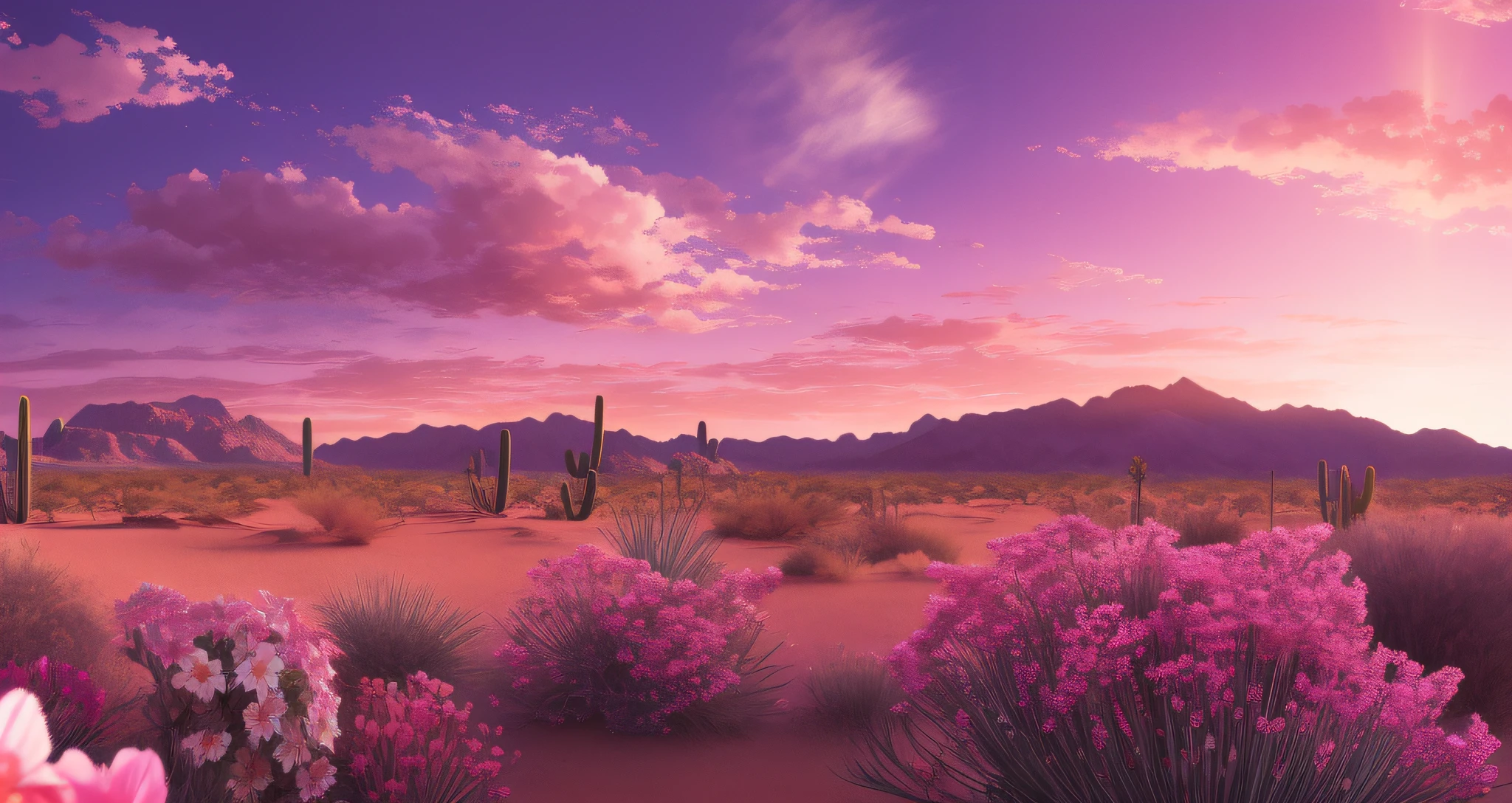 Detailed background, masterpiece, best quality, landscape, desert, mountains, sun, huge flowers ten meters high, pink desert, pink clouds, sunset.