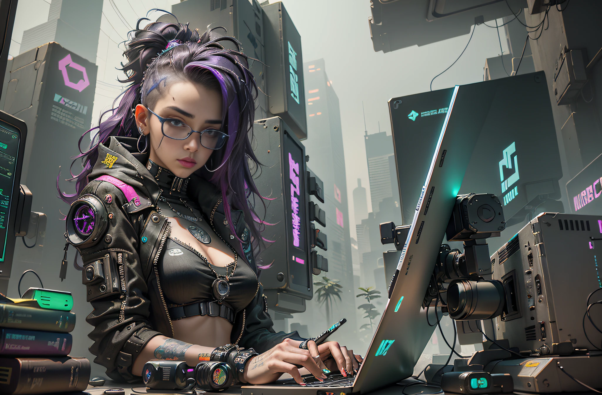 there is a woman sitting at a table with a laptop, cyberpunk art style, cyberpunk vibe, has cyberpunk style, hyper-realistic cyberpunk style, dreamy cyberpunk girl, cyberpunk style, in cyberpunk style, modern cyberpunk, muted cyberpunk style, cyberpunk beautiful girl, cyberpunk artstyle, digital cyberpunk anime art, cyberpunk hacker, cyberpunk themed art, cyberpunk girl, cyberpunk judy alvarez