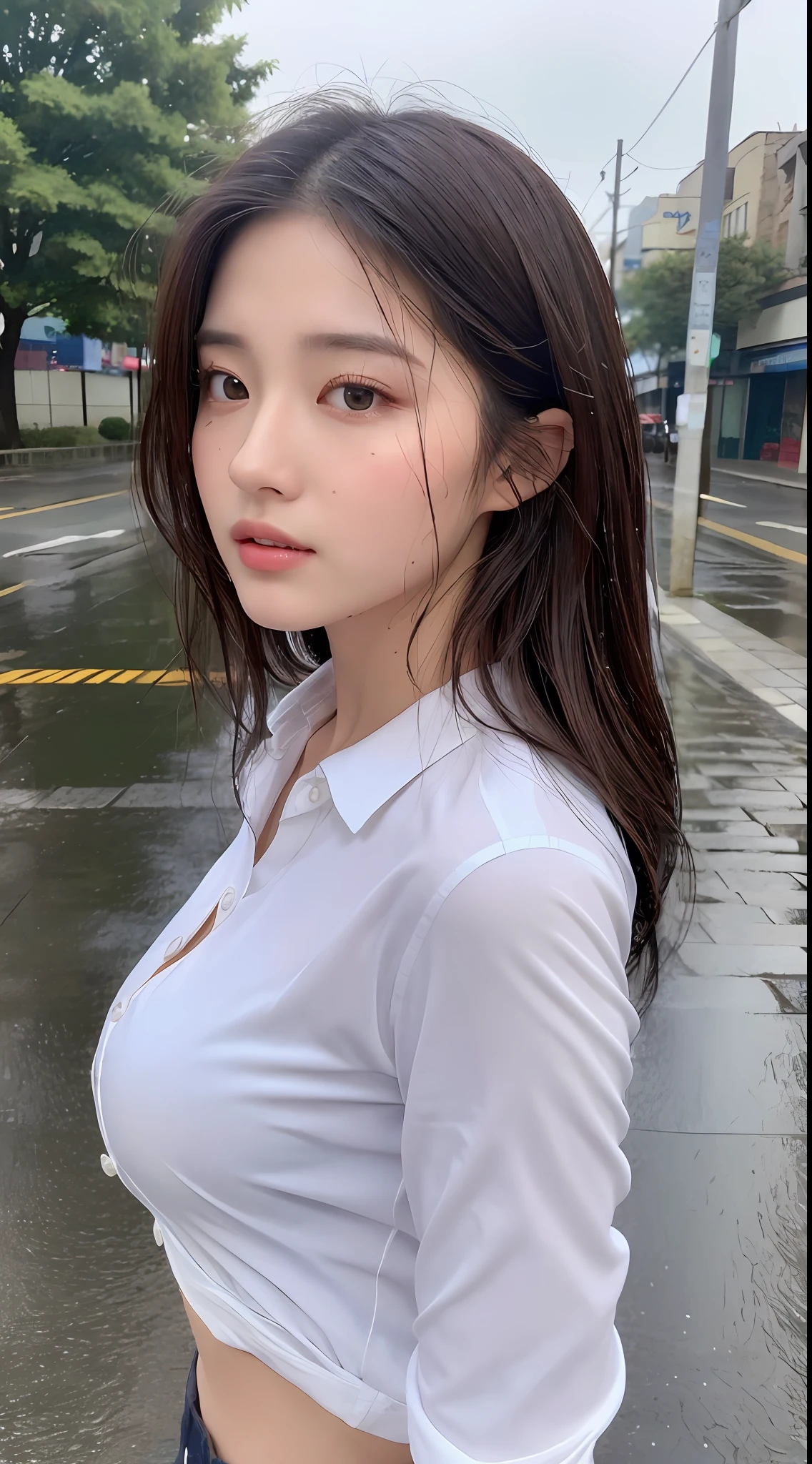 ((Best Quality, 8K, Masterpiece: 1.3)), Sharp: 1.2, Perfect Body Beauty: 1.4, Slim Abs: 1.2, ((Layered Hairstyle, Big Breasts: 1.2)), (Wet White Button Long Shirt: 1.1), (Rain, Street: 1.2), Wet: 1.5, Highly detailed face and skin texture, detailed eyes, double eyelids, side face looking at the camera