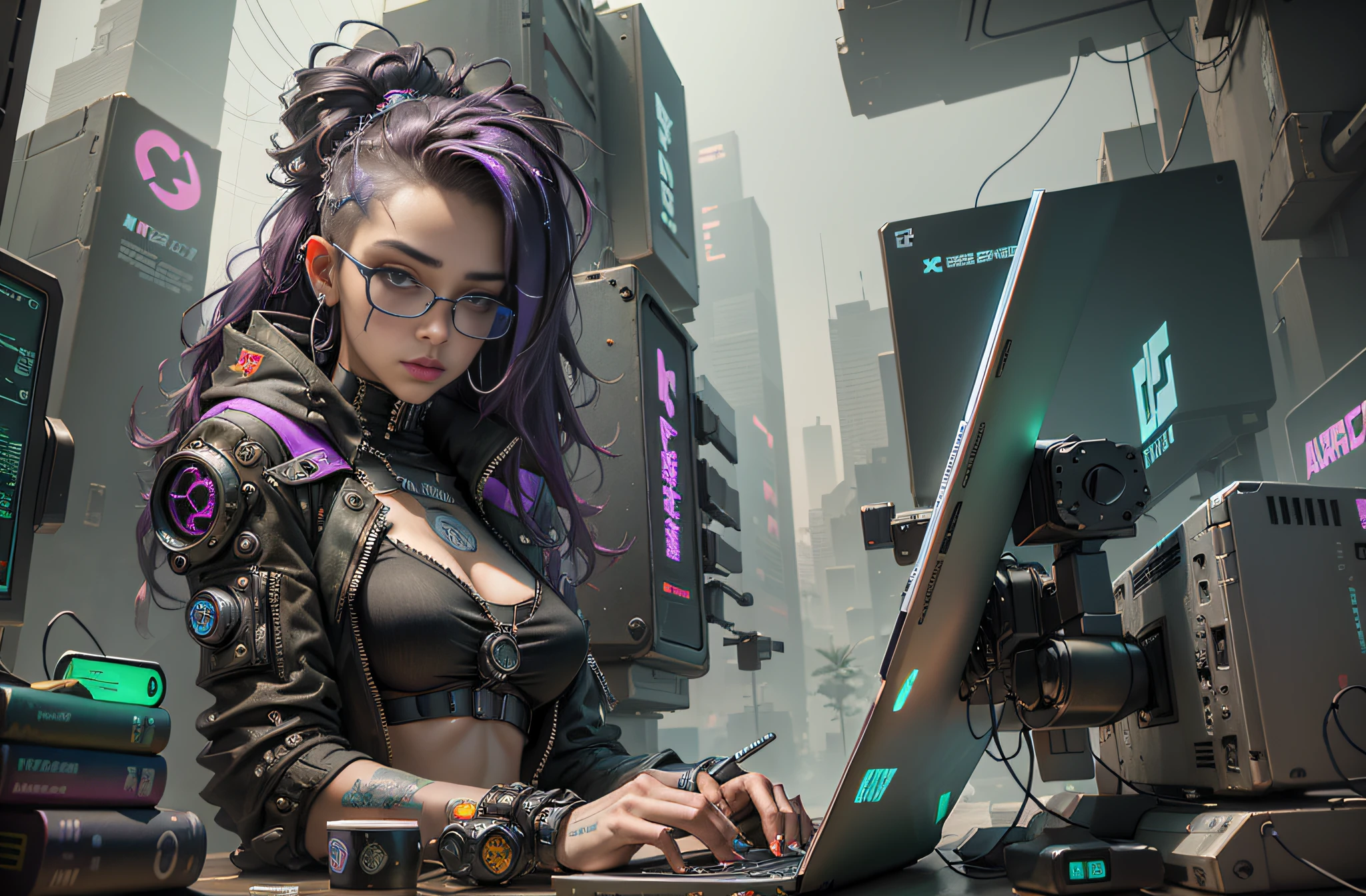 there is a woman sitting at a table with a laptop, cyberpunk art style, cyberpunk vibe, has cyberpunk style, hyper-realistic cyberpunk style, dreamy cyberpunk girl, cyberpunk style, in cyberpunk style, modern cyberpunk, muted cyberpunk style, cyberpunk beautiful girl, cyberpunk artstyle, digital cyberpunk anime art, cyberpunk hacker, cyberpunk themed art, cyberpunk girl, cyberpunk judy alvarez