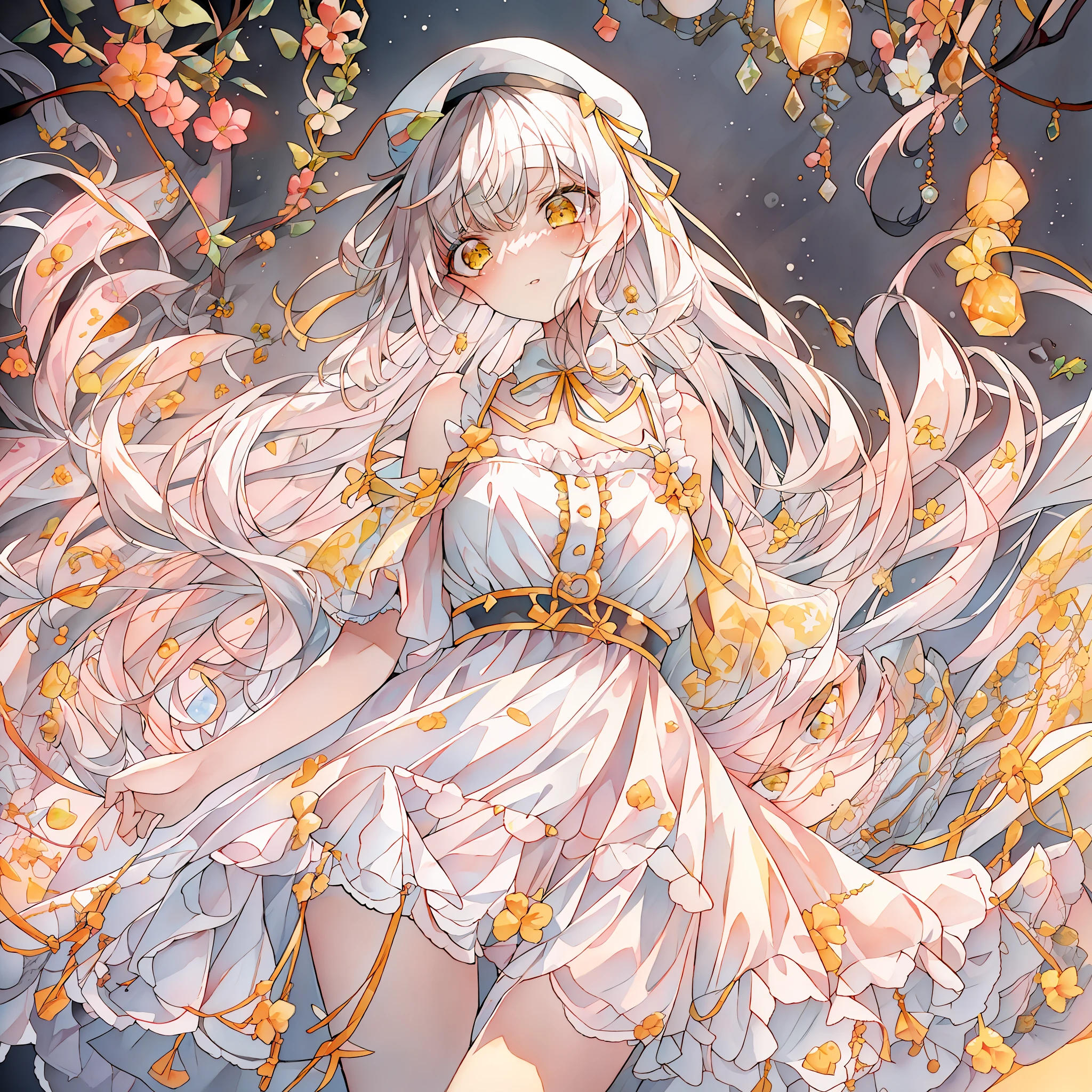 {{best quality}},{llustration},{beautiful detailed eyes},dynamic angle, 1 girl, (masterpiece, best quality:1.2),white hair,yellow eyes,cute face,**** face,white halter dress,{{border}},light,solo,{{white beret}},small breasts,****,{{full body}},stereogram,frilled dress,white and yellow theme,neck ribbon,criss-cross halter,strapless dress,white clothes,yellow diamond color crystal background,framed breasts,Blunt bangs,cleavage,navel