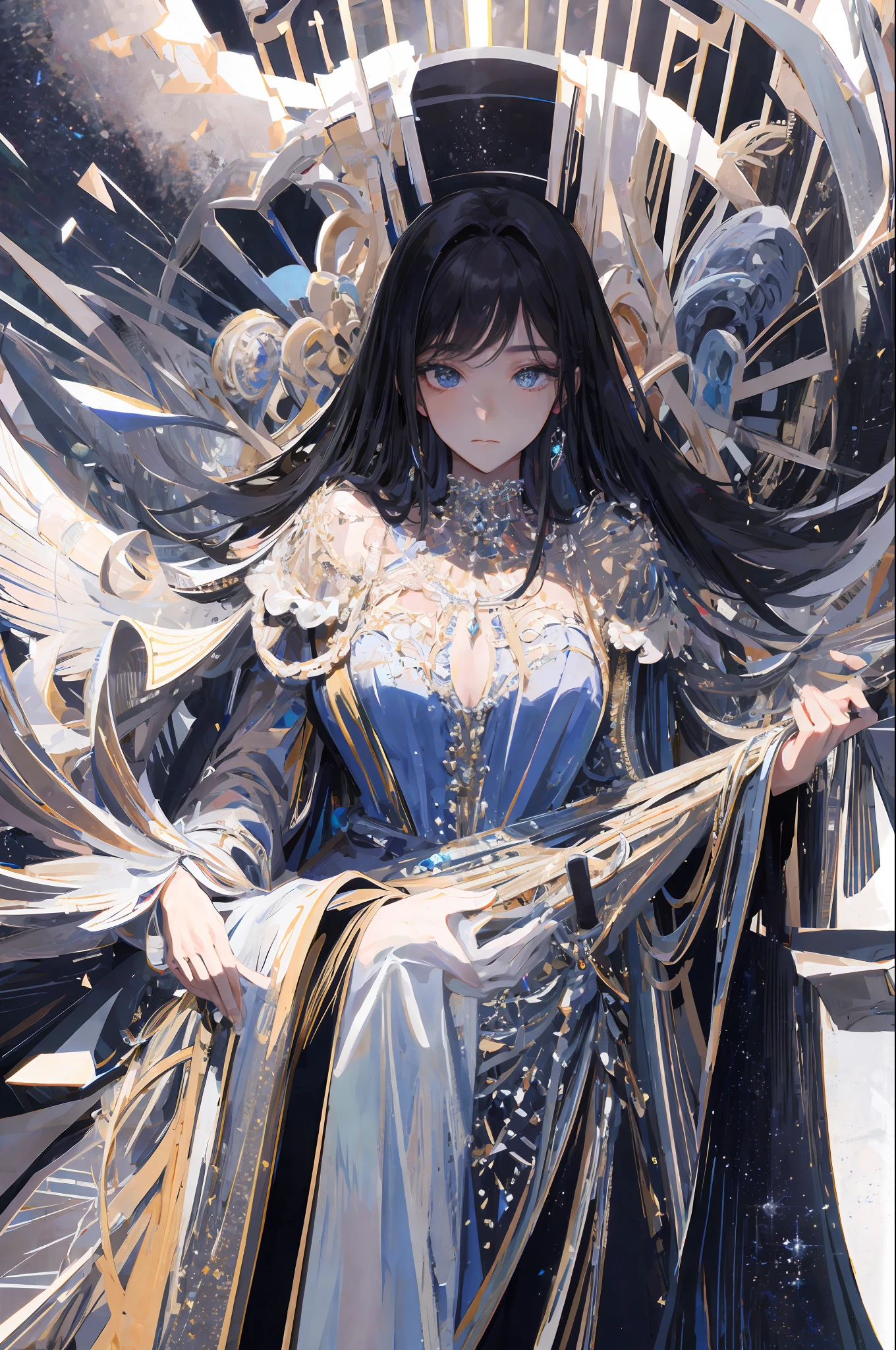 ((Masterpiece, Superb, Super Detailed, High Resolution)), solo, beautiful girl, sparkling eyes, perfect eyes, , black and white gold theme,