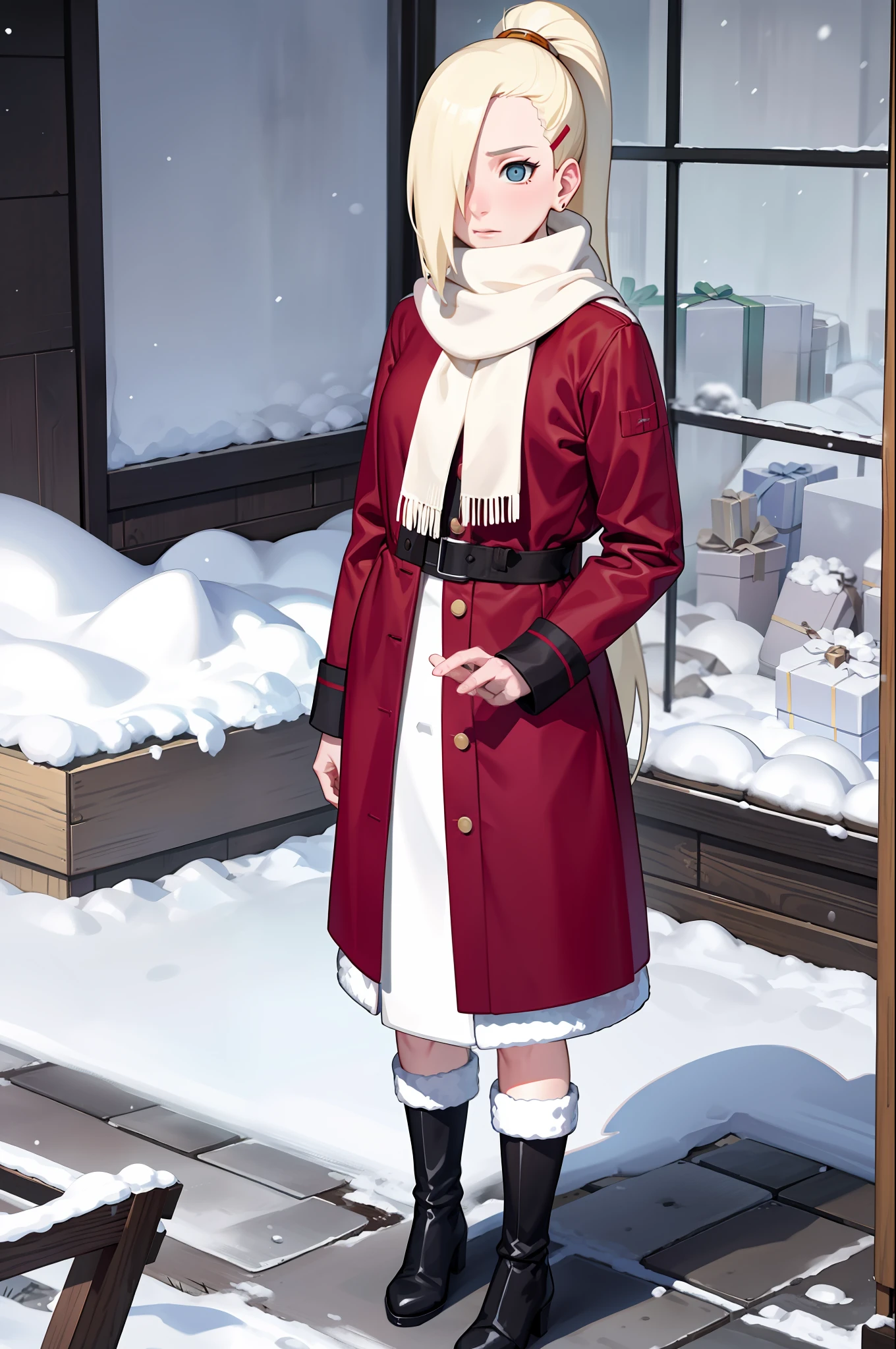yamanaka ino, scarf, winter clothes, outdoors, snow, snowing, christmas,