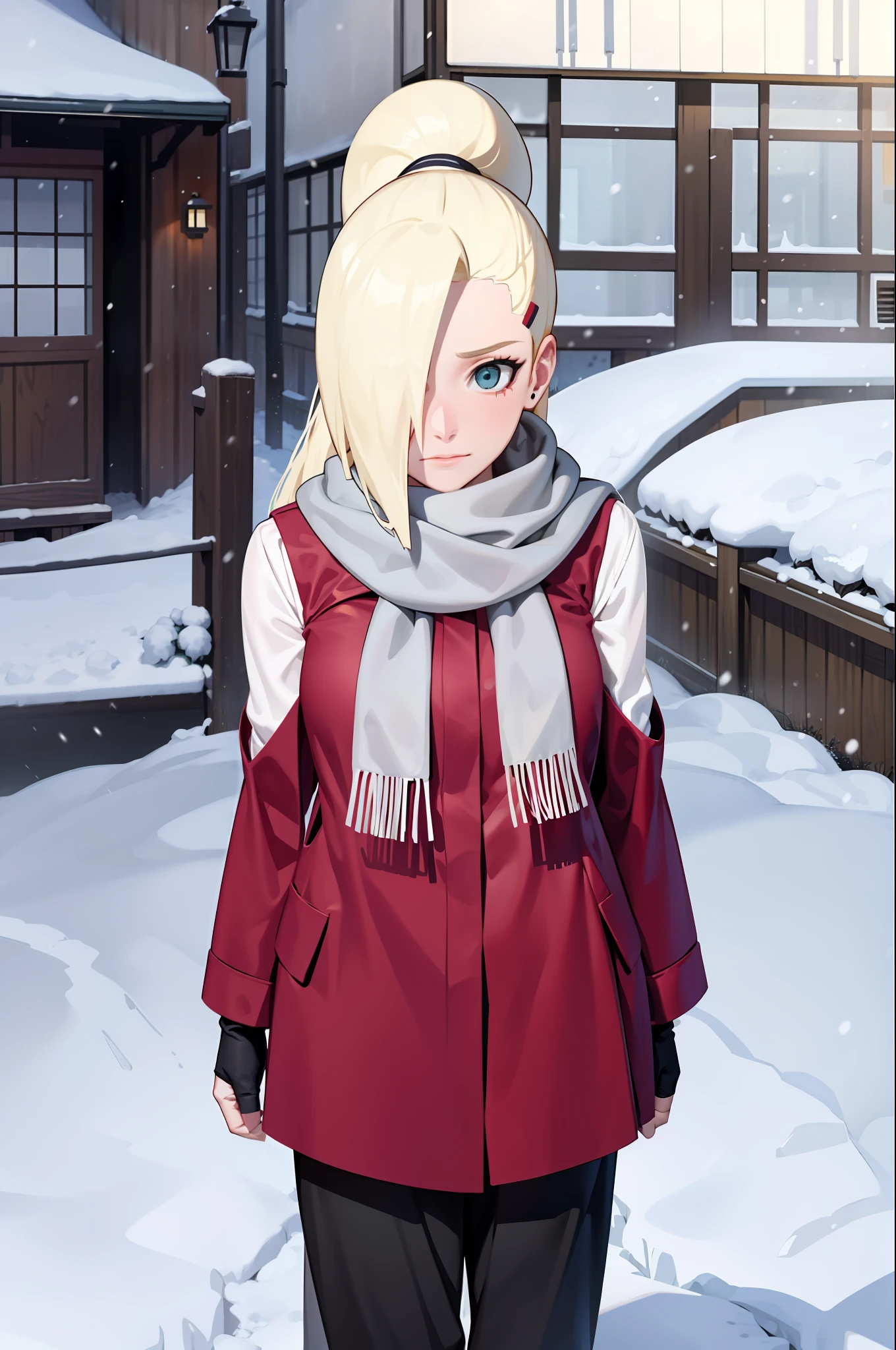 yamanaka ino, scarf, winter clothes, outdoors, snow, snowing, christmas,