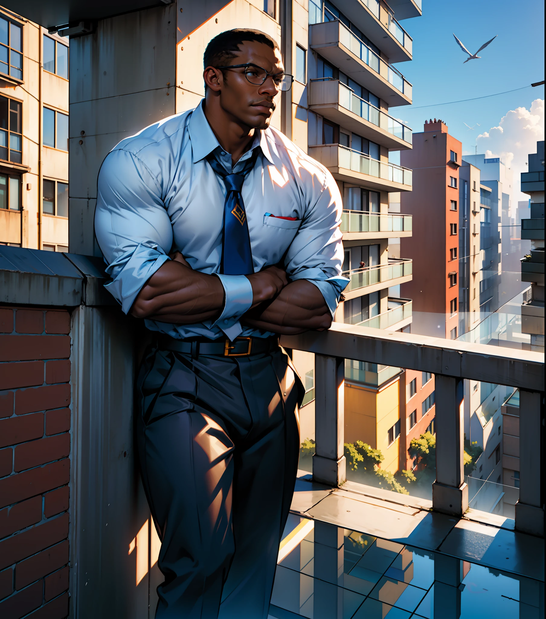 entrepreneur, ((balrog)), supported on balcony of building vigezimo floor, city to the horizon, altitude, Illuminated by sunlight, day, glass reflection, executive social clothing, eyeglasses, thoughtful posture, Digital art, 3D, realistic raytraicing, cinematic light, (street fighter)