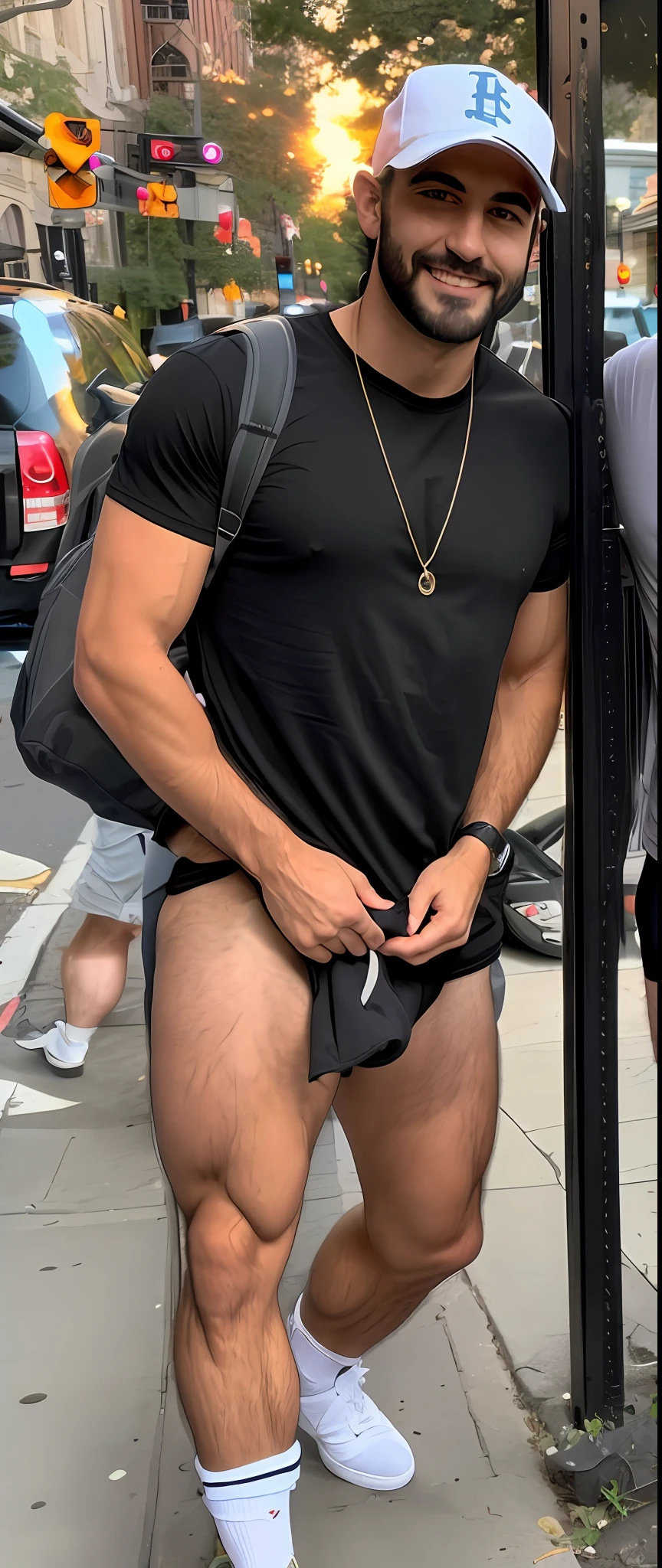 There are two men standing next to a street sign on the sidewalk, he is wearing a black T-shirt, taken in early 2020, no pants, white jockstrap, torn underwear, (large thighs) ((hairy thighs)), leaked image, very low quality image ((undefined thighs)) (hairy legs) ((CUECA))