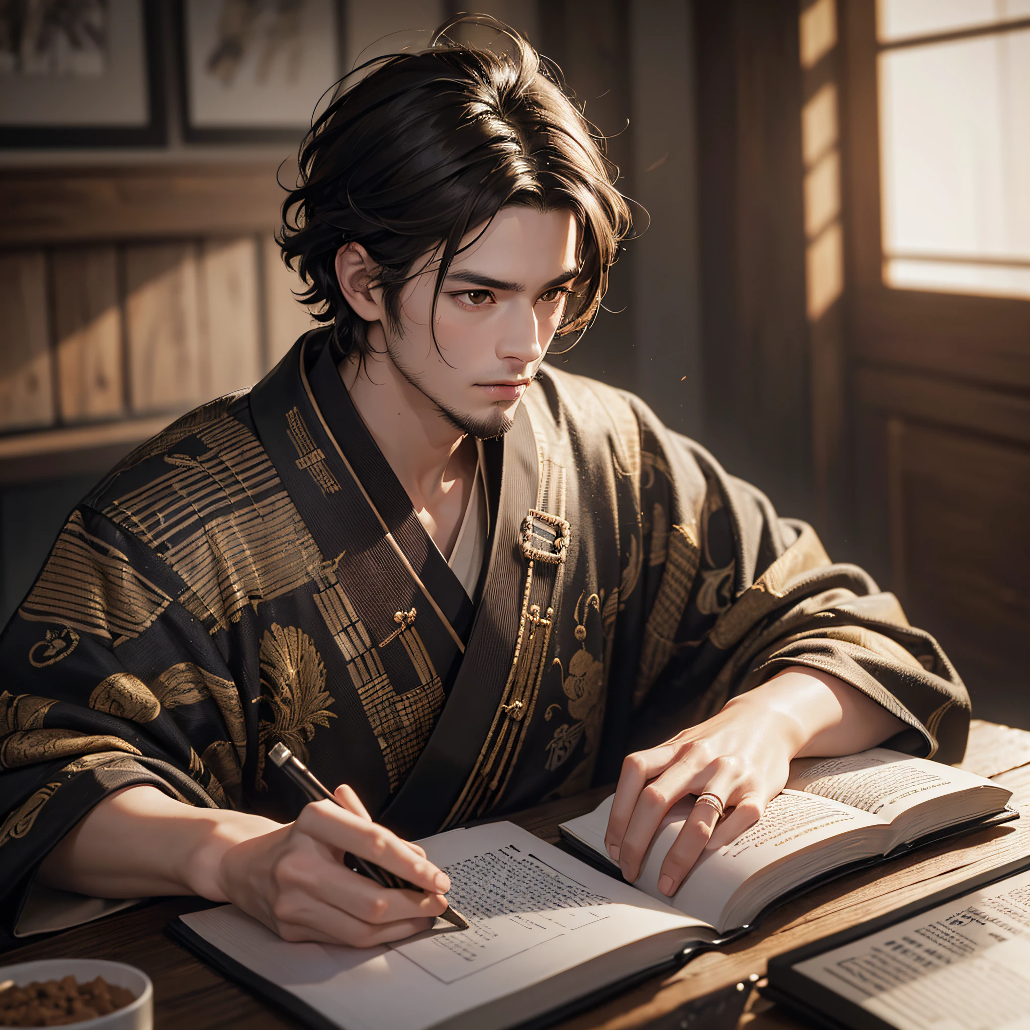 Top Quality, Masterpiece, Ultra High Resolution, (Photorealistic: 1.4), Raw Photography, Man with Book, Black Hair, Mashed Hair, Samurai, Kimono, (((Brown Eyes)), Terakoya, See Here, Cinematic Lighting --auto --s2