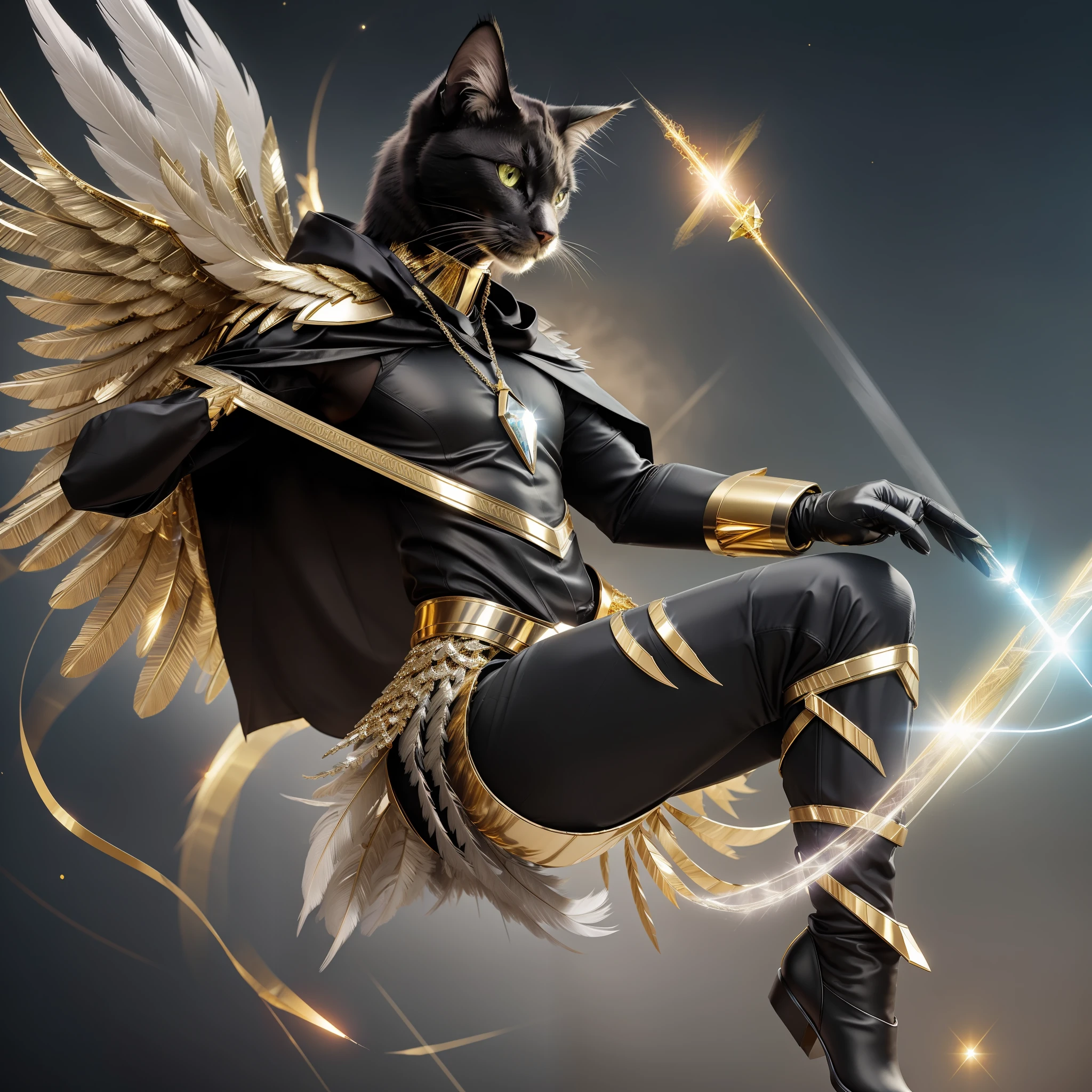 Future cat is a majestic creature, with a bright, metallic plumage that changes color as it moves. His wings are adorned with gold and silver feathers, and he wears a crystal collar with diamonds encrusted.
Their eyes are large and bright, with a violet hue that looks mesmerizing when you look at them. He has a special armor that covers his body, made of unknown materials and resistant to any kind of attack.
The cat of the future is a technological being, with cybernetic implants that give him superhuman abilities. He has the ability to fly to incredible heights, and his arm is equipped with an energy device that can vaporize anything in its path.
On one of his feet, he wears a solid gold boot with a bright yellow crystal that appears to have magical properties. He wears a black silk cloak that floats elegantly behind him as he flies.