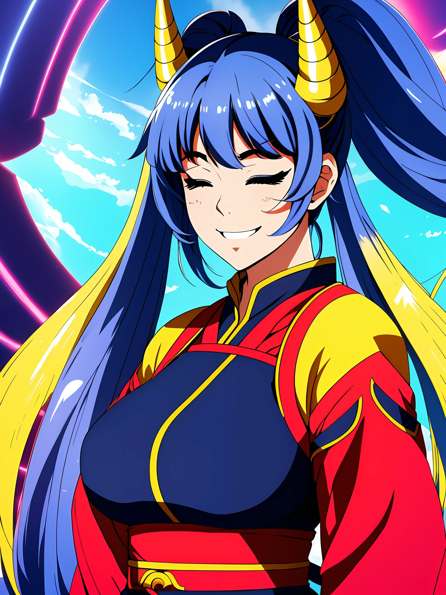 Niji Style Lora, 1girl, solo, looking at viewer, smile, bangs, large breasts, twintails, closed eyes, upper body, horns, makeup, colored skin, vivid colors