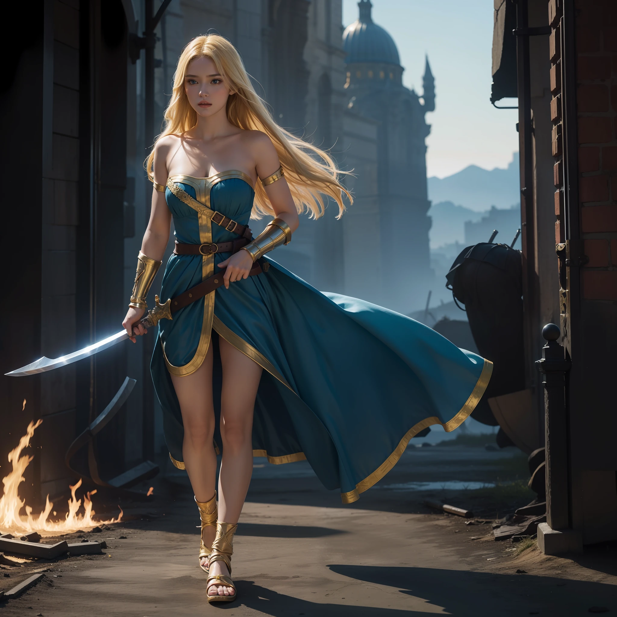 young beautiful european woman, blue and yellow dress, warrior girl, full body head to toes, brave face, ultra realistic, long blond hair, fit body, holding a sword, epic movie background, city on fire, blurred backgorund, high image quality