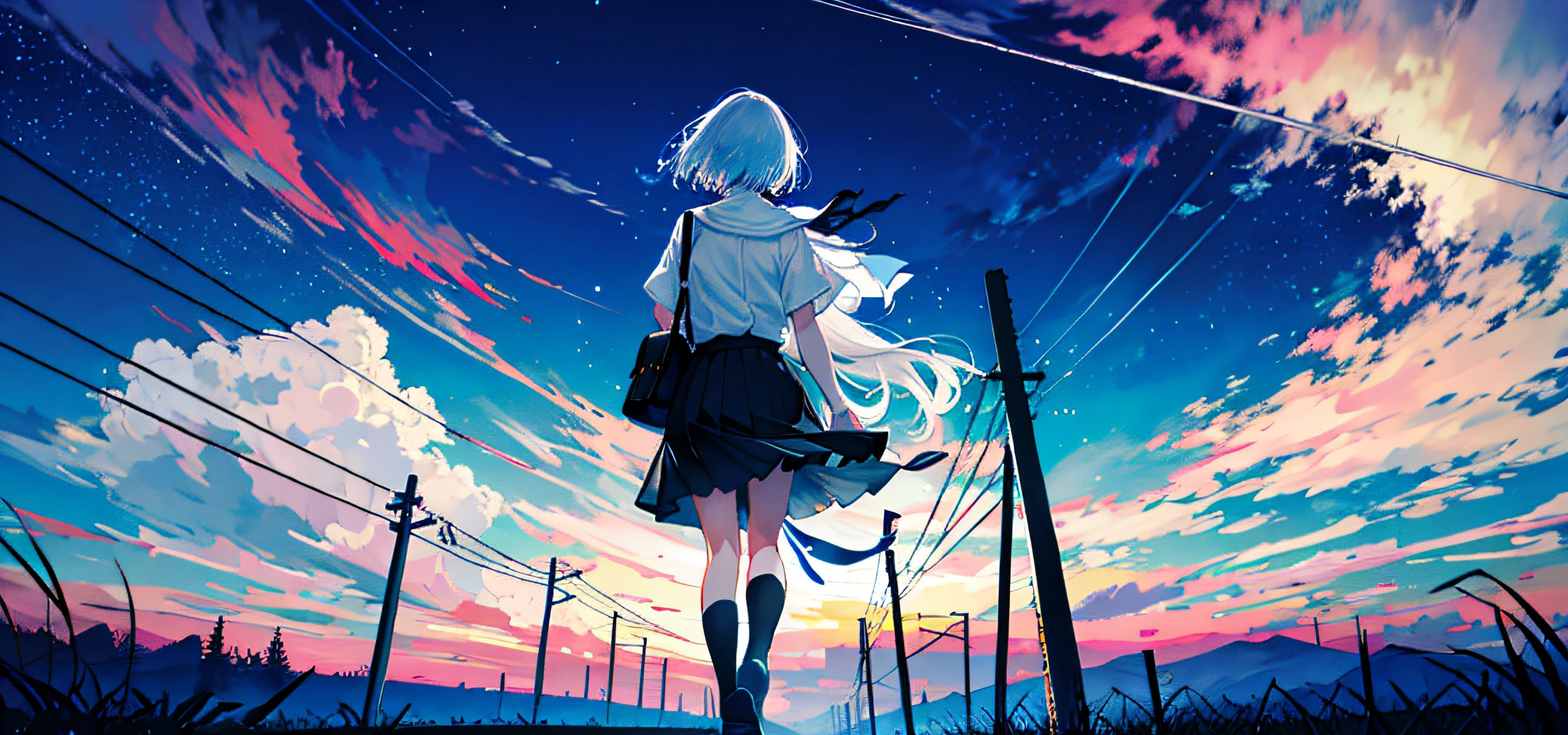 ((best quality)), ((masterpiece)), ((ultra-detailed)), (illustration), (detailed light), (an extremely delicate and beautiful), sky, star (sky), starry sky, scenery, outdoors, 1girl, crescent moon, cloud, night, skirt, white shirt, moon, bag, shirt, school uniform, night sky, sign, building,short sleeves, standing,long hair, solo, white hair, school bag, pleated skirt, facing away, power lines, backpack, utility pole,full body, black legwear,