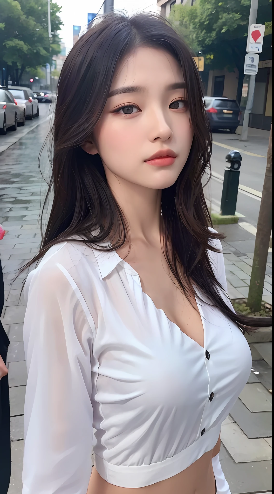 ((Best Quality, 8K, Masterpiece: 1.3)), Sharp: 1.2, Perfect Body Beauty: 1.4, Slim Abs: 1.2, ((Layered Hairstyle, Big Breasts: 1.2)), (Wet White Button Long Shirt: 1.1), (Rain, Street: 1.2), Wet: 1.5, Highly detailed face and skin texture, detailed eyes, double eyelids, side face looking at the camera