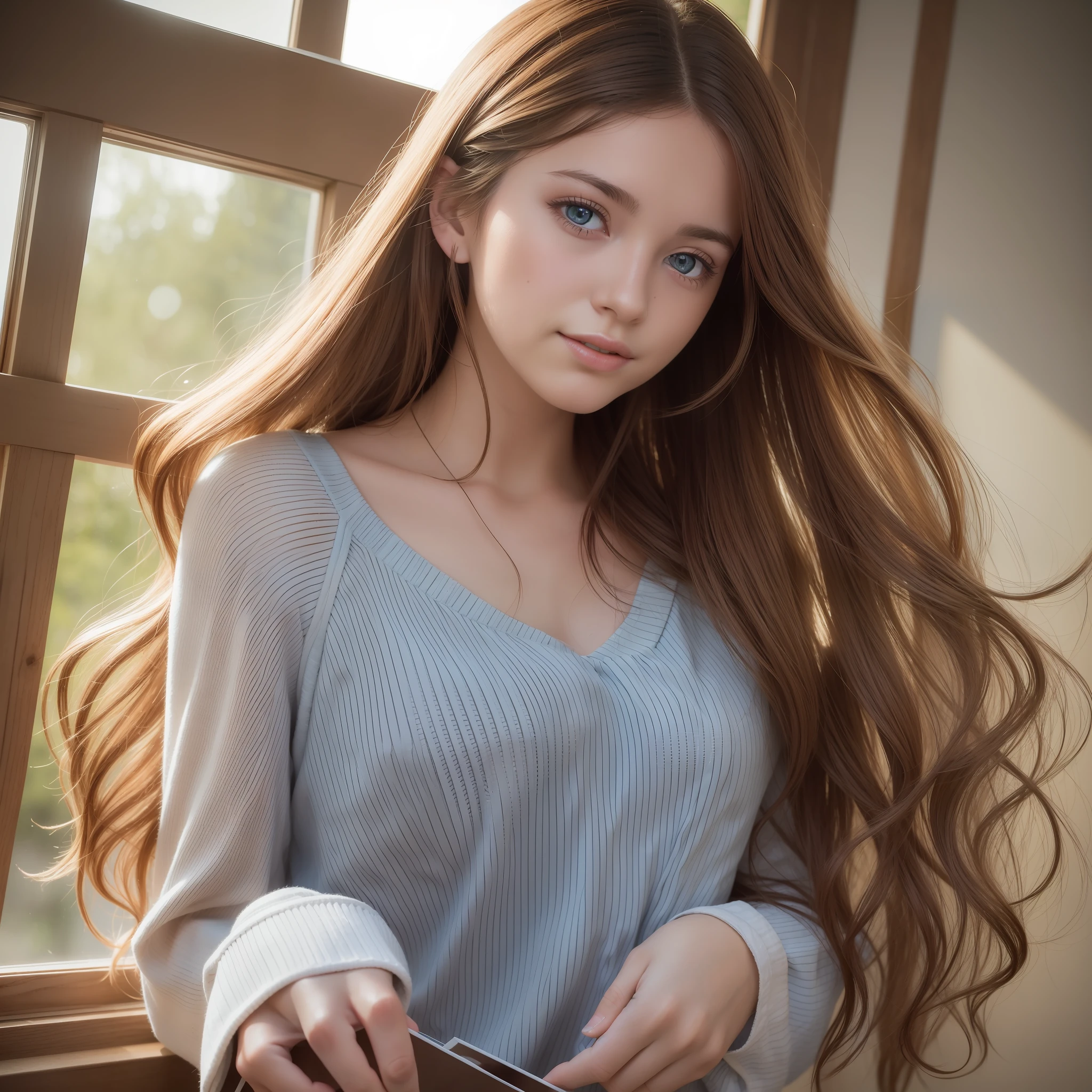 Young woman, long brown hair that falls gently in waves. Big, blue eyes, average height. stylish clothes with touches of creativity and originality, natural skin, clothing details, smiling, sunlight coming in through the window, early evening, 8k texture, highly detailed, realistic, soft cinematic light, HDR, focus sharp, masterpiece, photorealistic, award-winning photography, 35mm,