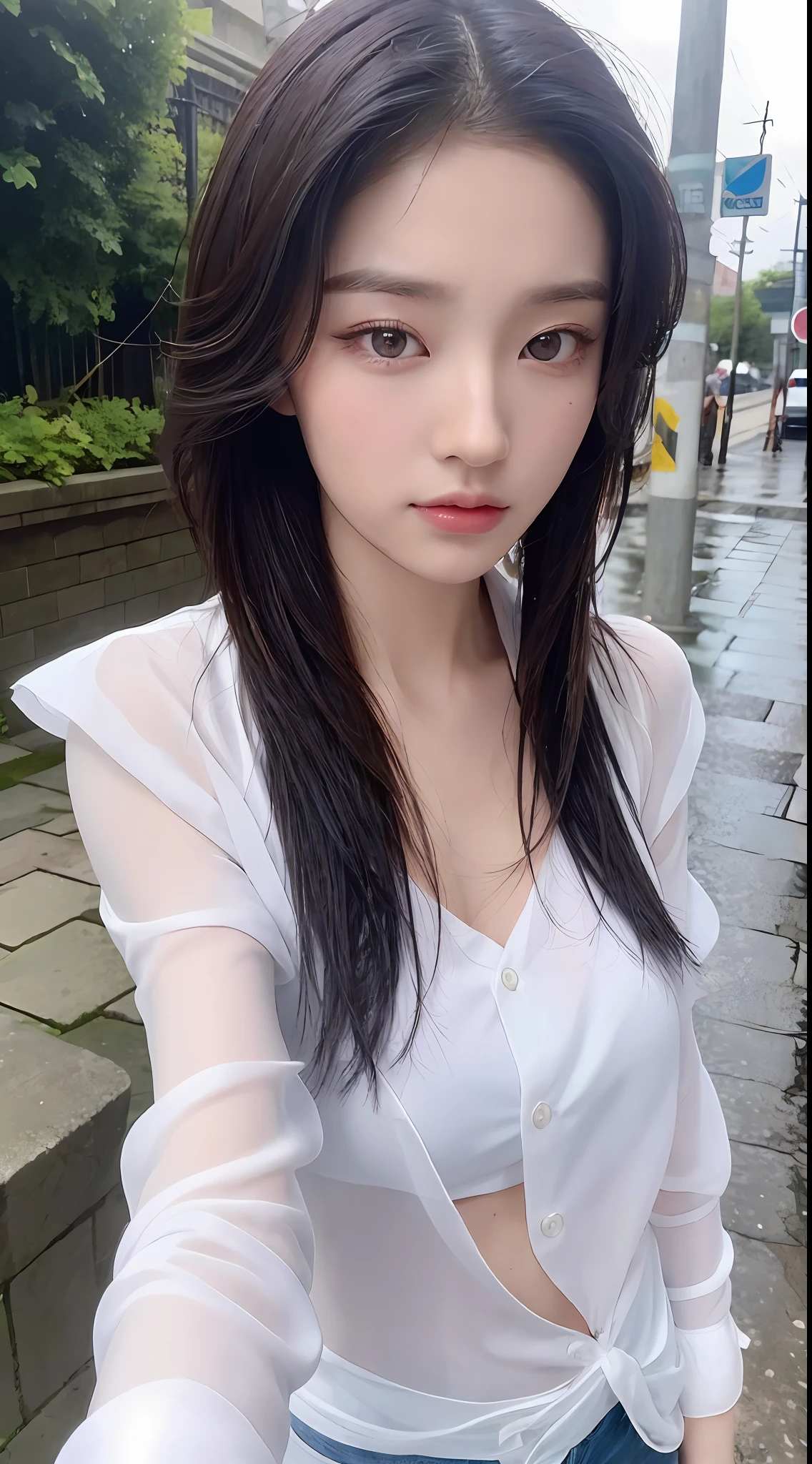 ((Best Quality, 8K, Masterpiece: 1.3)), Sharp: 1.2, Perfect Body Beauty: 1.4, Slim Abs: 1.2, ((Layered Hairstyle, Big Breasts: 1.2)), (Wet White Button Long Shirt: 1.1), (Rain, Street: 1.2), Wet: 1.5, Highly Detailed Face and Skin Texture, Detailed Eyes, Double Eyelids, Looking at the Camera