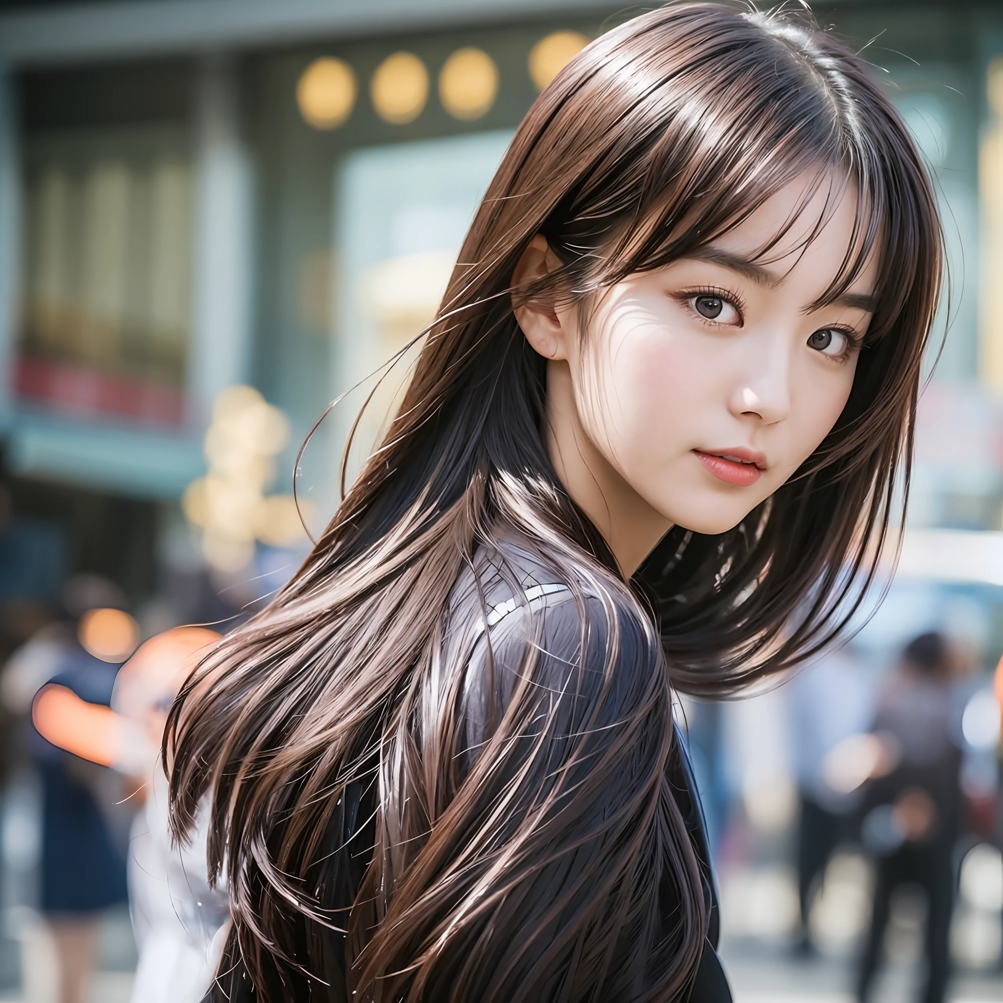 Super beautiful Chinese girl looking back,Perfect body proportions,Cute face,Surreal and clear,Master of photography,Light and shadow texture atmosphere,Sharp, clear and realistic,On the streets,Face close-up,Perfect portrait photography --auto --s2