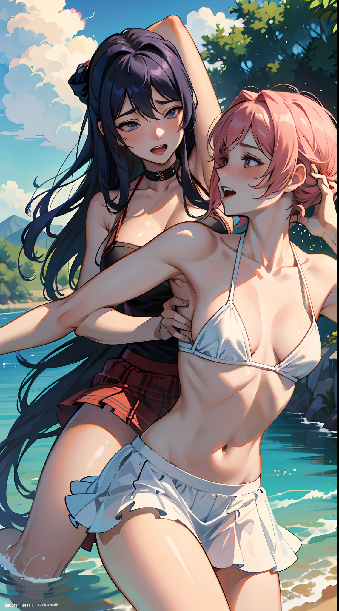 2 women having fun, lascivious:1,2, hentai:1,2, NSFW:1,2, lesbian yuri:1,2, blush, wear regattas and skirts, hot summer day, small breasts, perfect anatomy, one girls is tickling the other, armpit