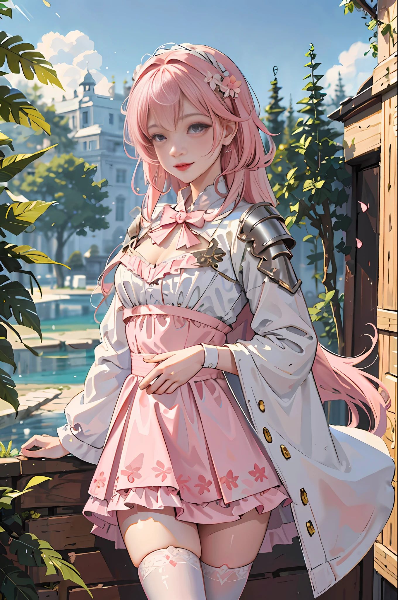 (m (masterpiece: 1.4, best quality), (intricate details), Unity 8k wallpaper, super detailed, beautiful beauty, perfect lighting, (1 girl), (pink hair, pink eyes), red lips, blush, expression smile, wearing white ta, gothic costume, peerless beauty, stockings, sock ring, pattern, pattern, sunlight, plants, from on the stone steps, park, peach blossoms,