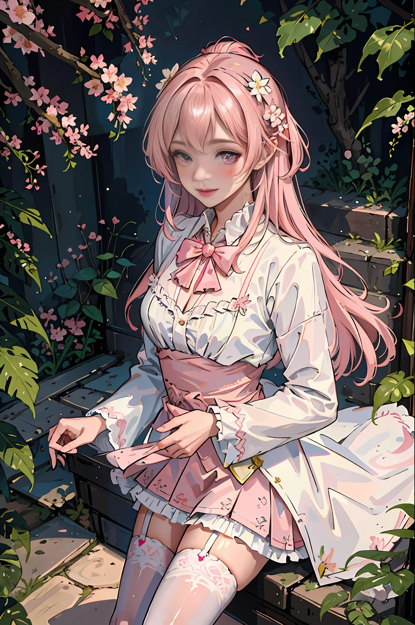 (m (masterpiece: 1.4, best quality), (intricate details), Unity 8k wallpaper, super detailed, beautiful beauty, perfect lighting, (1 girl), (pink hair, pink eyes), red lips, blush, expression smile, wearing white ta, gothic costume, peerless beauty, stockings, sock ring, pattern, pattern, sunlight, plants, from on the stone steps, park, peach blossoms,