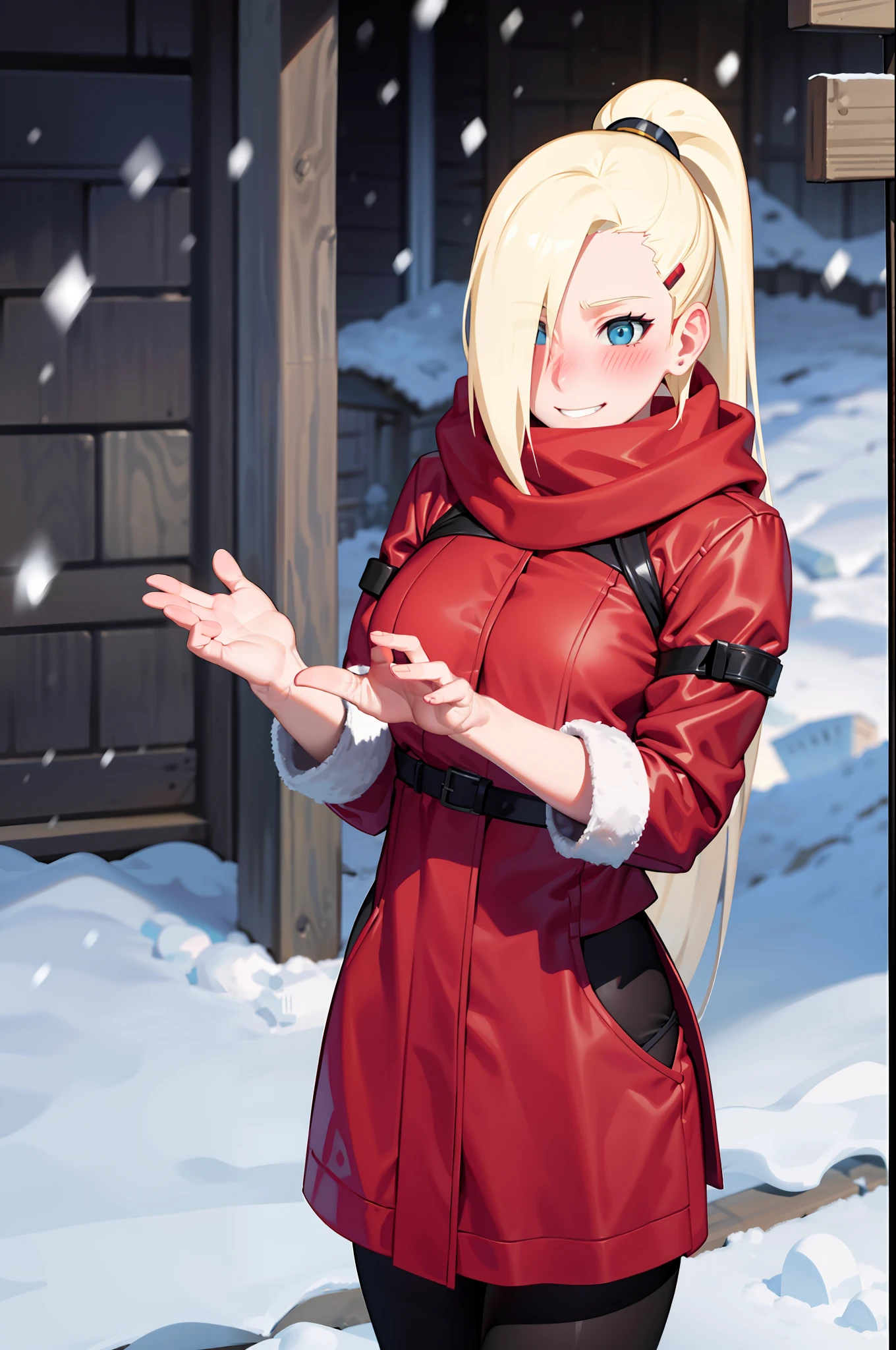 yamanaka ino, scarf, winter clothes, outdoors, snow, snowing, christmas, 1 girl, solo, masterpiece, sexy pose, shy, smile, blush, hands behind,