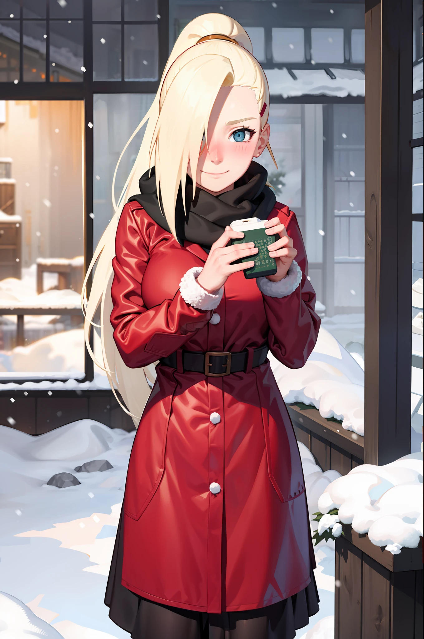 yamanaka ino, scarf, winter clothes, outdoors, snow, snowing, christmas, 1 girl, solo, masterpiece, sexy pose, shy, smile, blush, hands behind,