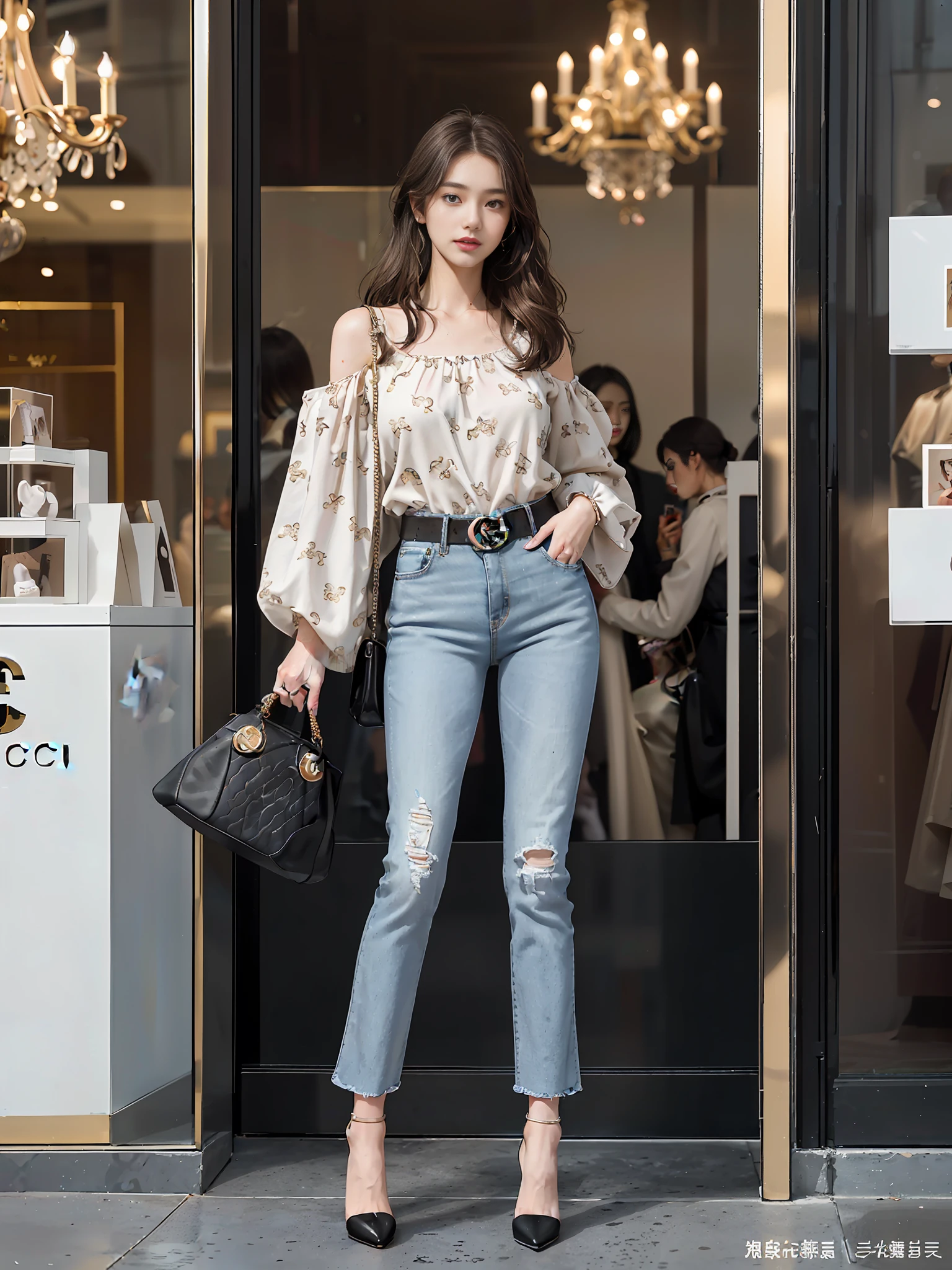 best quality, realistic, (photorealistic), very detailed, very delicate and beautiful, (RAW photo), professional lighting, face lights, depth of field, 1 girl, solo focus, full body, 27 year old woman (in front of Gucci Milano store, shop shop window), light brown long hair, brown eyes, small head, fashion girl, fashion hairstyle, Japan model, lighting on face, beautiful eyes(NATURAL FACE, HAPPY FACE), DETAILED CLOTHING, (NATURAL FACE, HAPPY LOOK), DETAILED CLOTHING FEATURES, WIND, LIGHT MAKEUP, (CAMISOLE, JEANS, GUCCI LOGO BELT, BLACK BAG, BLACK HIGH HEELS), SLENDER LEGS, PERFECT DETAILS