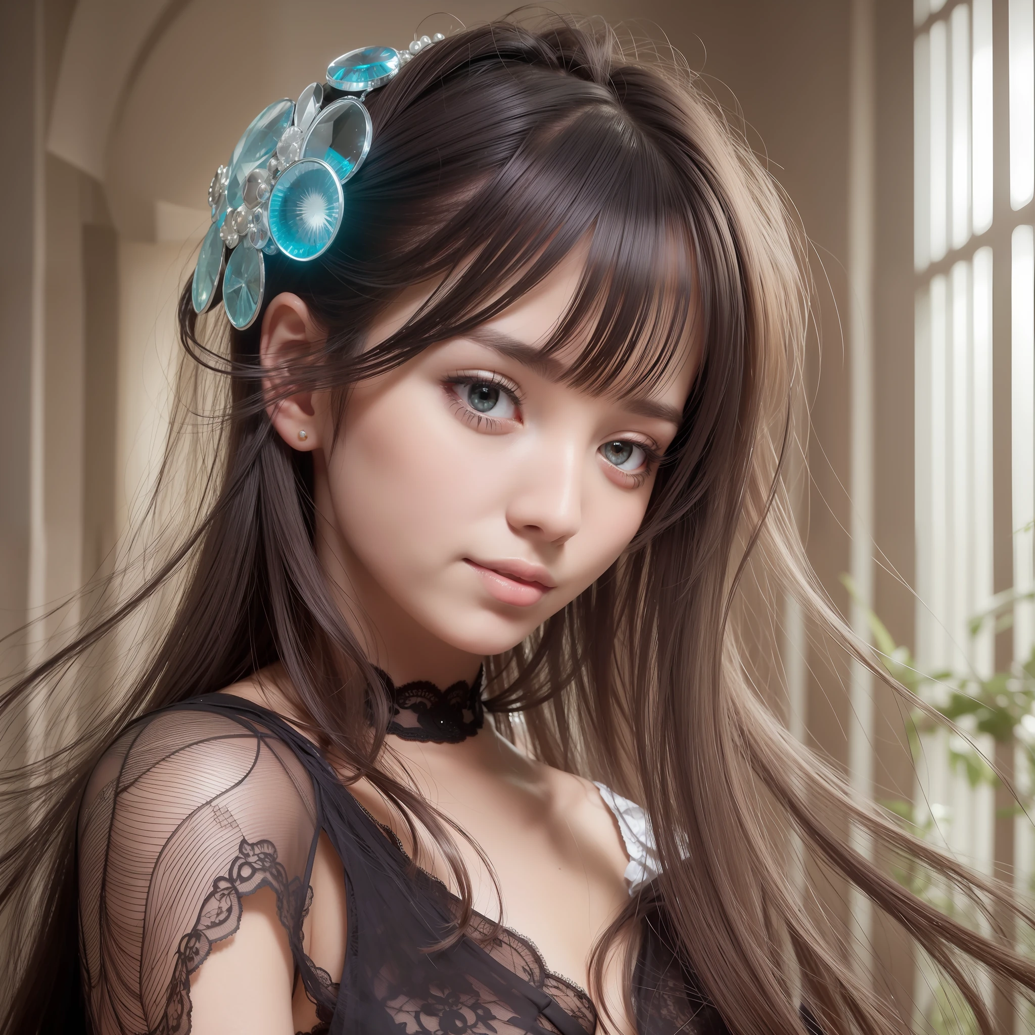 (masterpiece), realistic, (24 years old female), party club style,open chest black lace fishnet,
beautiful smiley face, cute face,laugh smiley girls:1.3,long hair, sunlight,
cinematic light, bangs, a beautiful woman, beautiful eyes, deep brown color hair, big breasts,
perfect anatomy, very cute, princess eyes , (black eyes) , (frame the head), Centered image,
stylized, bioluminescence, 8 life size,8k Resolution, white low-cut dress with small blue details,
human hands, wonder full, elegant, approaching perfection, dynamic, highly detailed, character sheet,
concept art, smooth, facing directly at the viewer positioned so that their body is symmetrical and balanced,
stunningly beautiful girl, detailed hairstyle,