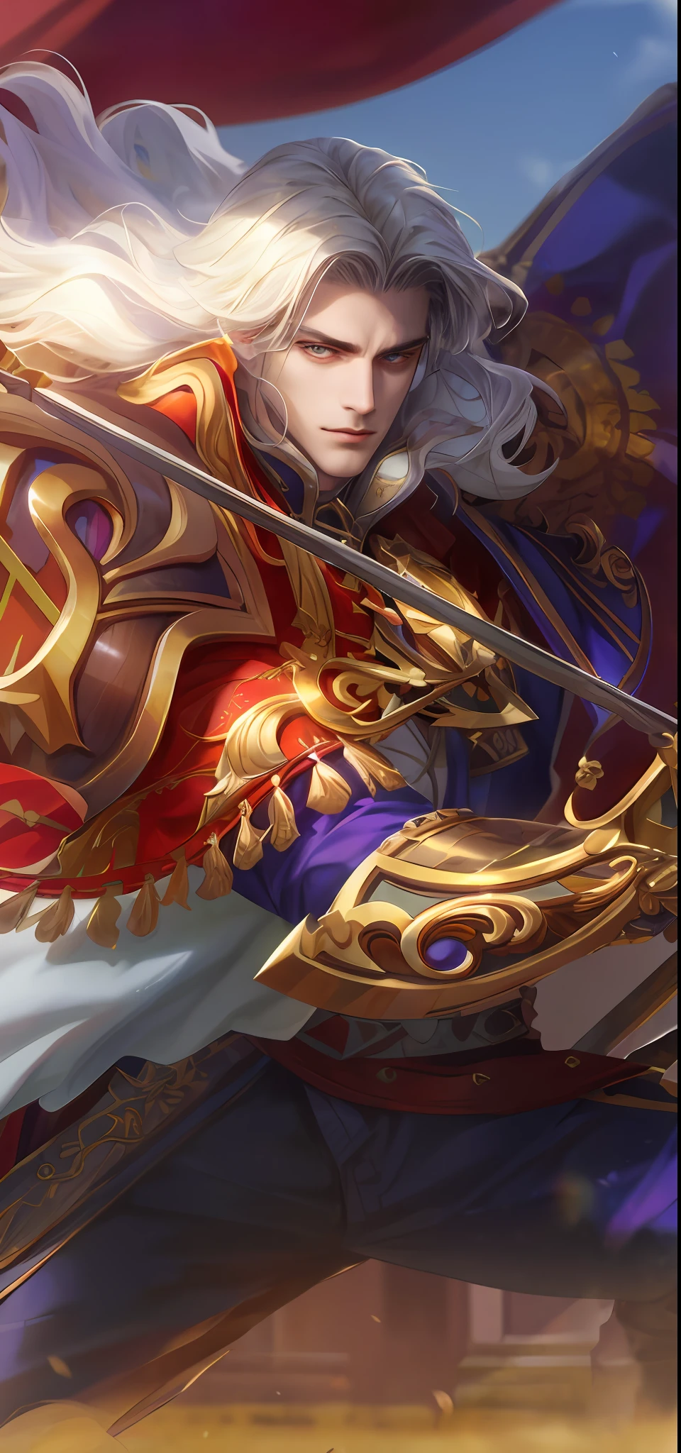 (Absurdres, Intricate Details, Masterpiece, Best Quality, High Resolution, 8k), 1 male, thin, young, aged up, masked, finely detailed eyes and face, auburn low-fade hair, amber eyes, portrait, looking at viewer, solo, half shot, detailed background, (light fantasy theme:1.1), focusing, mercenary, sunshine, floating scraps, color plate armor, divine aura, bright realistic lighting, marble castle, intense atmosphere, circlet, coat of arms, brazier, , Depth of Field, VFX.