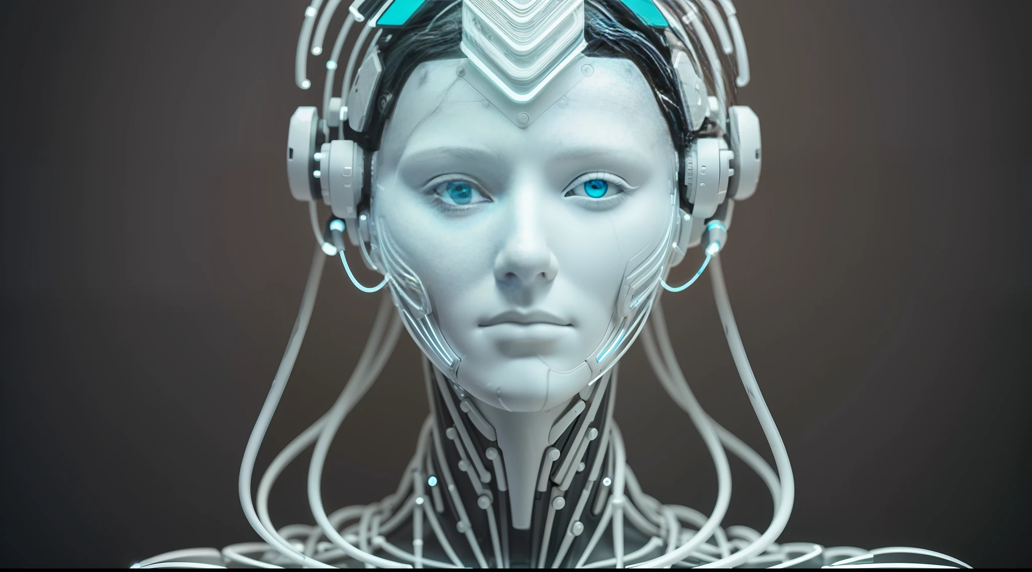 electronic system on a humanoid head | robotic woman | has a visible detailed brain | with visible care | muscle cables | biopunk | cybernetics | cyberpunk | white marble bust | canon m50 | 100 mm | Focus | Smooth | Surreal | Highly detailed | Intricate detail | Michelangelo engraving