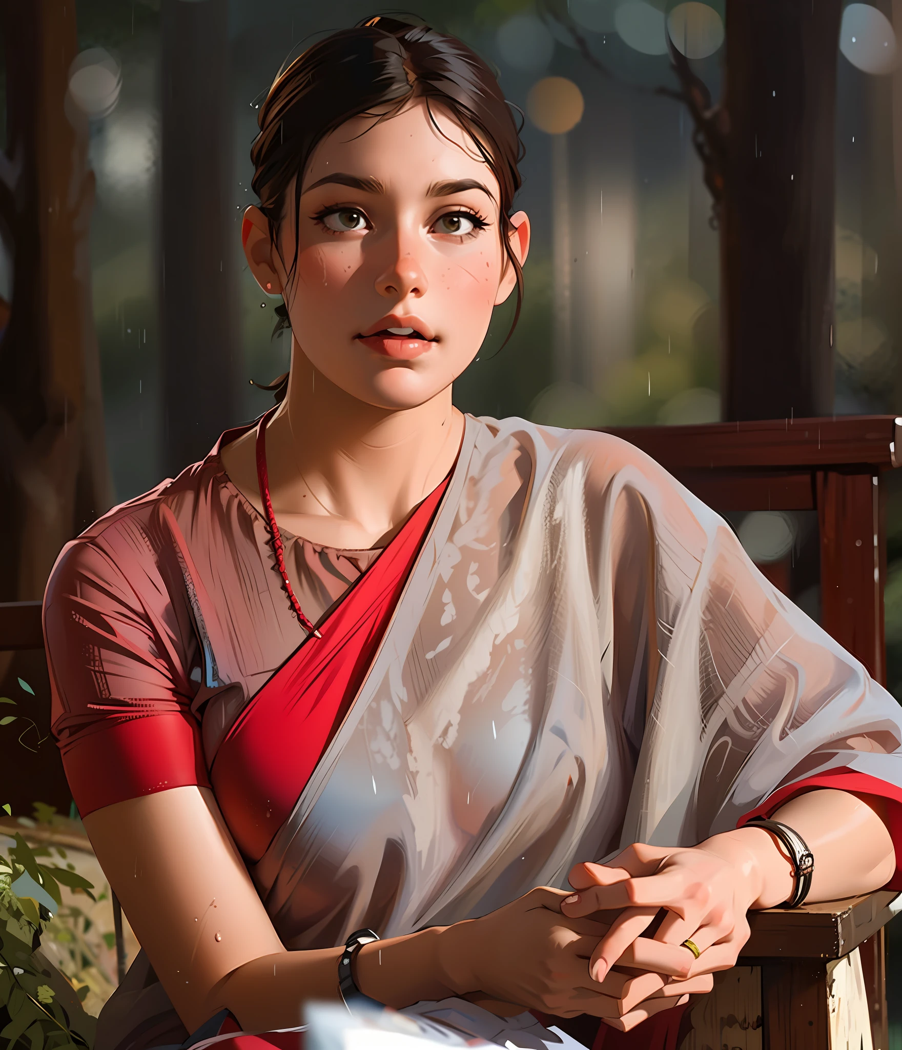 a hyper-realistic portrait of a young woman, half asleep, under a tree, inside a forest, lots of rain, in the middle of nature, 22 years old, realistic, (lying on her side), she is wearing a red panties, (wearing minimal dress), sexy, (huge breasts 2:1), wet clothing, short brown hair, (hair tied with bows), curved, SFW